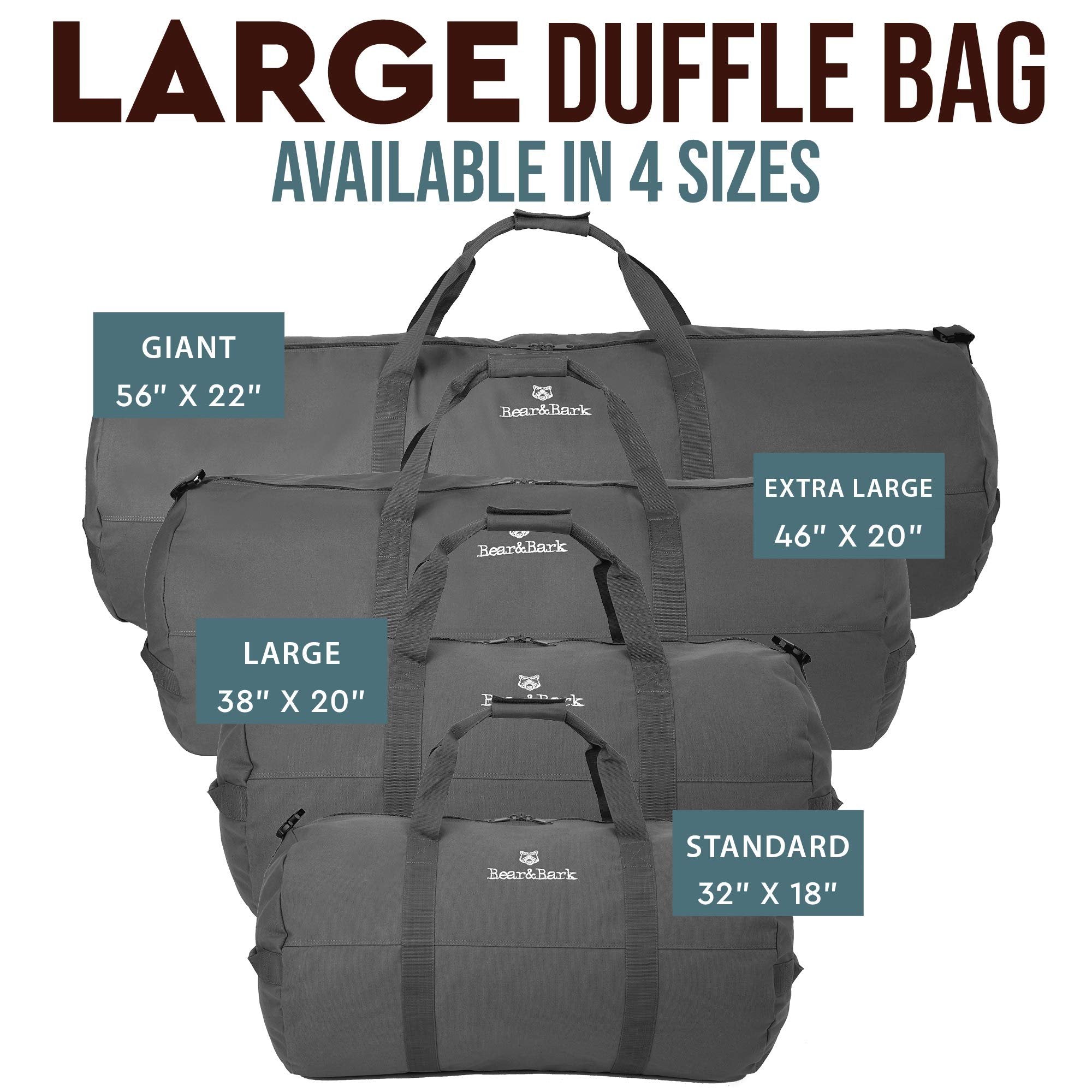 Large Duffle Bag - Grey 38”x20” - 195.6L - Canvas Military and Army Cargo Style Duffel Tote for Men and Women- College Student, Backpacking, Travel and Storage Shoulder Bag
