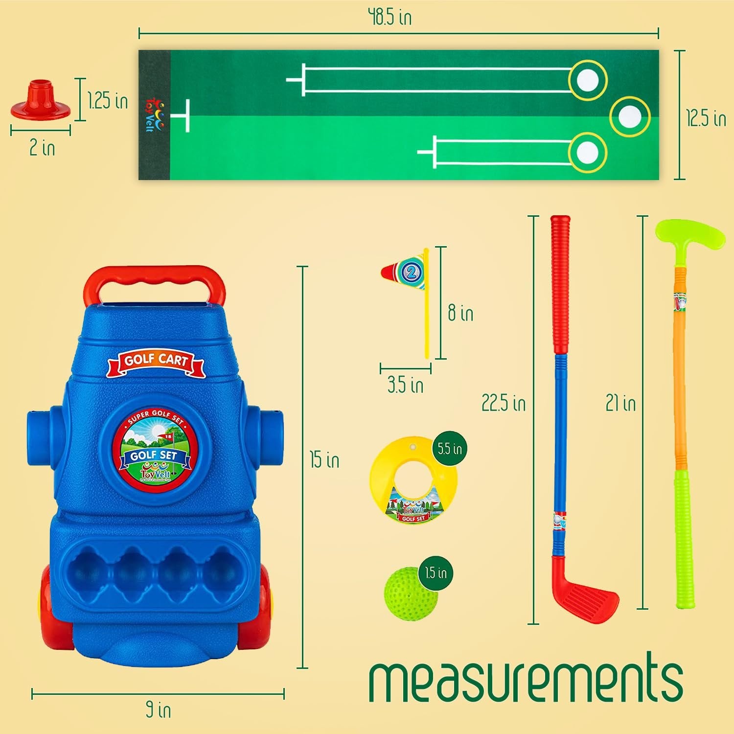 ToyVelt Toddler Golf Set - Kids Golf Clubs with 6 Balls, 4 Golf Sticks, 2 Practice Holes and a Putting Mat - Promotes Physical & Mental Development, Ideal Toddler and Kids Golf Set Gift for Boys 2-10