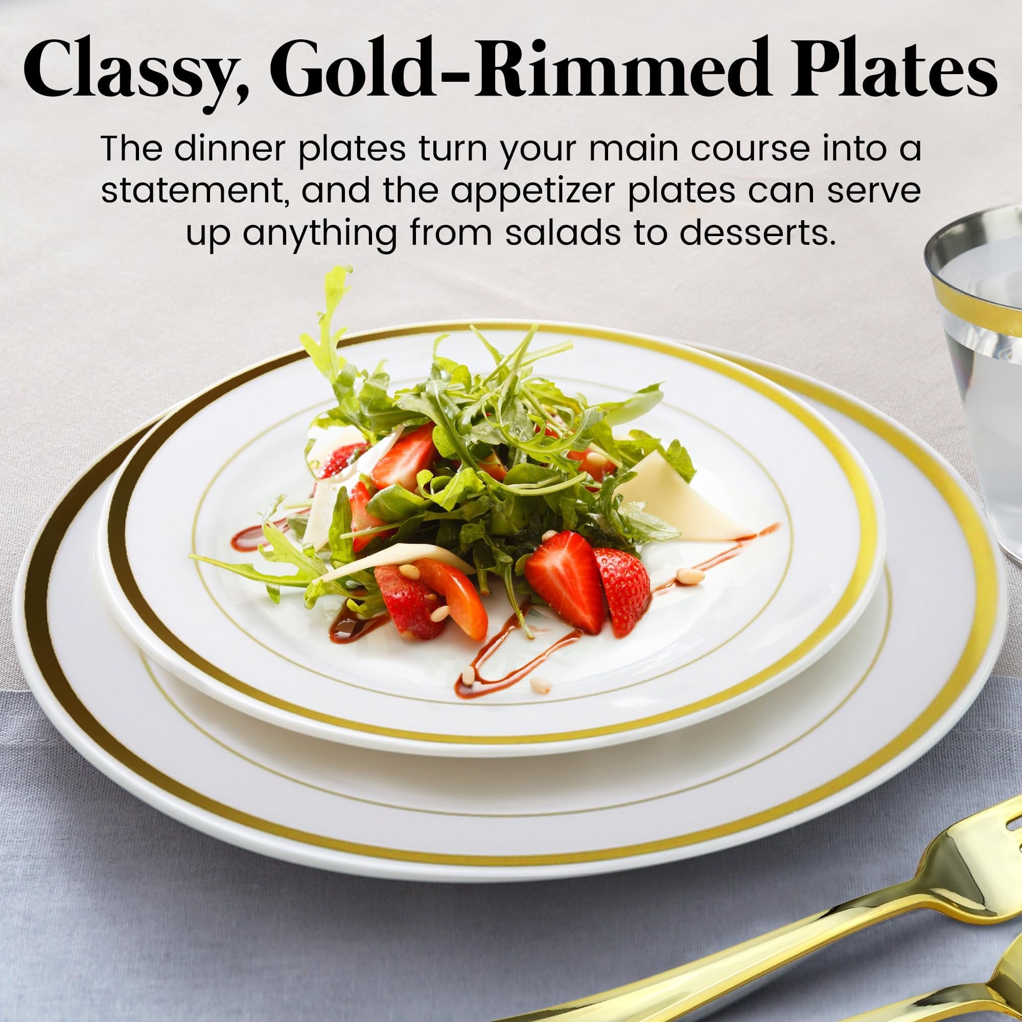 600 Piece Gold Dinnerware Set - 200 White and Gold Plates - Set of 300 Gold Plastic Silverware - 100 Plastic Cups - Disposable Gold Dinnerware Set for Party - 100 Guests