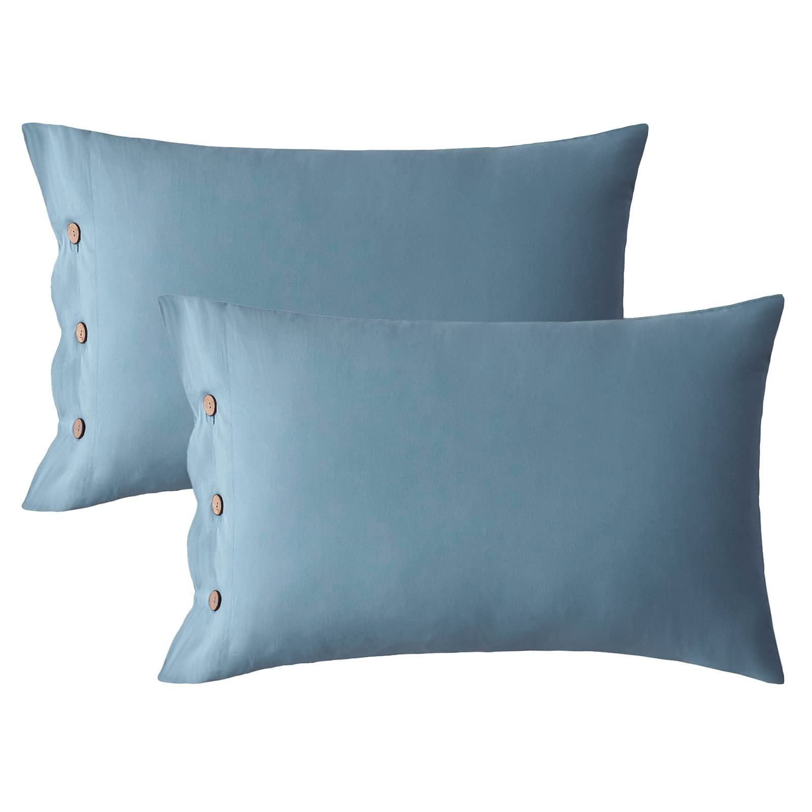 JELLYMONI Grayish Blue 100% Washed Cotton Standard Pillowcases Set, 2 Pack Luxury Soft Breathable Pillow Covers with Button Closure(Pillows are not Included)