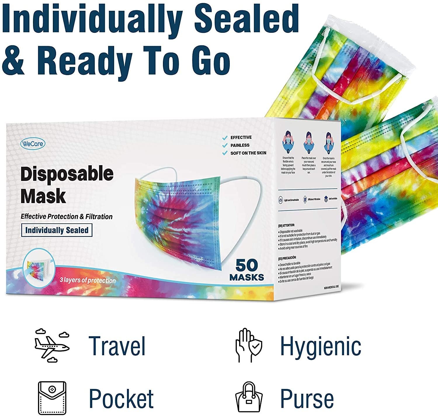 WECARE Disposable Face Mask Individually Wrapped - 50 Pack, Tie Dye Masks 3 Ply