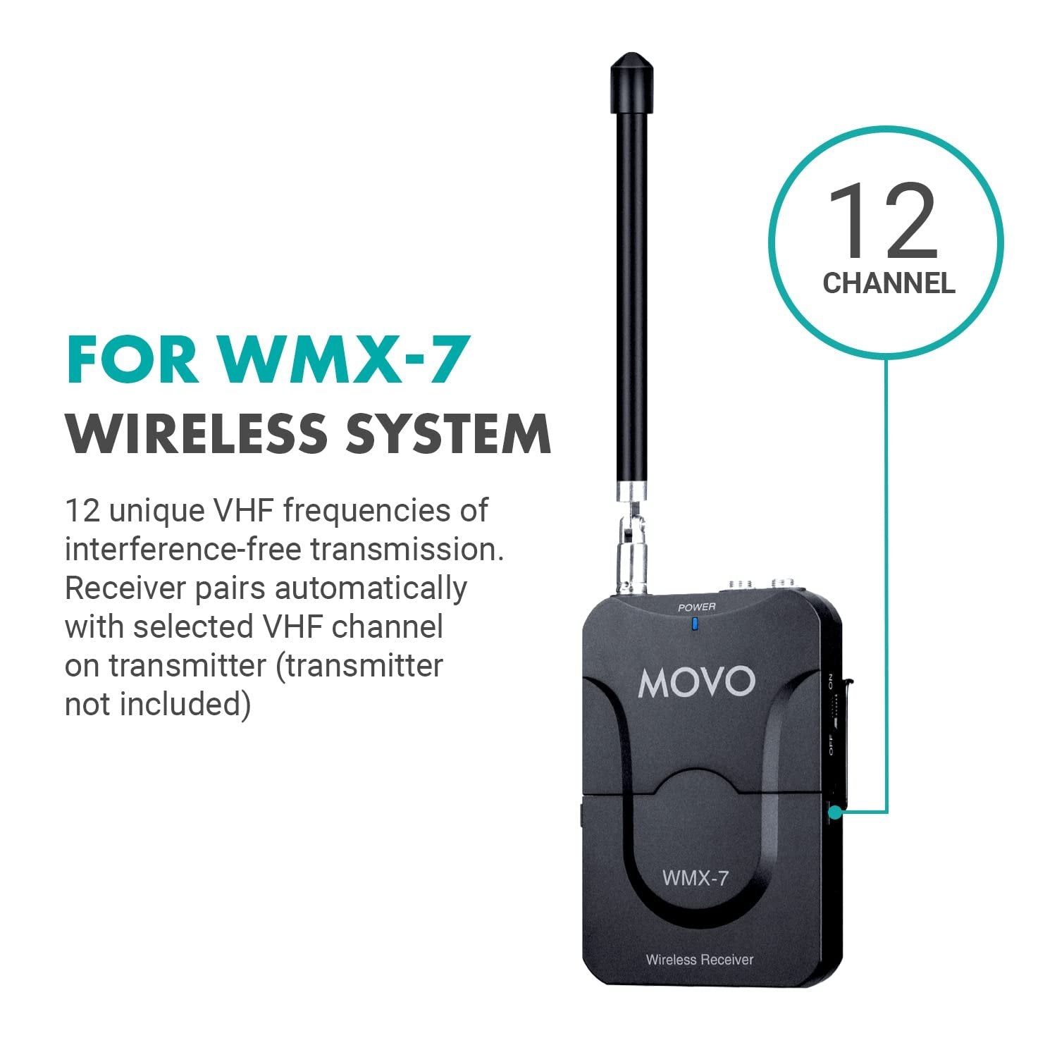 Movo WMX-7 RX Wireless Receiver for WMX-7 VHF Wireless Microphone System (Receiver Only)- Wireless Receiver for Handheld Microphones, Lavalier Mic Transmitters- Bodypack Receiver for Events, Recording