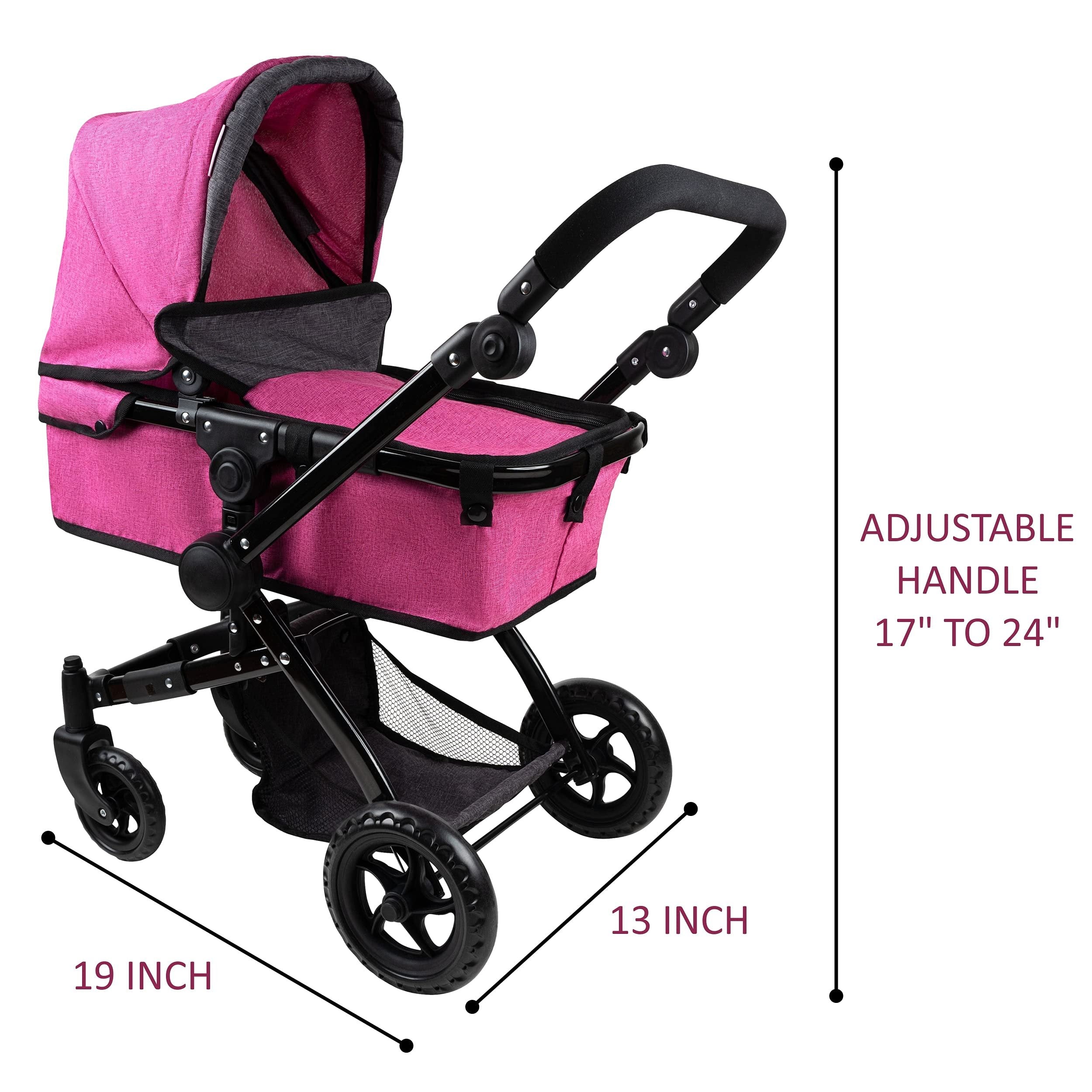 Fash n Kolor Baby Doll Stroller - Foldable Bassinet Stroller, Hot Pink, 19x13 Inches, Adjustable Handle, Convertible Seat, Free Carriage Bag