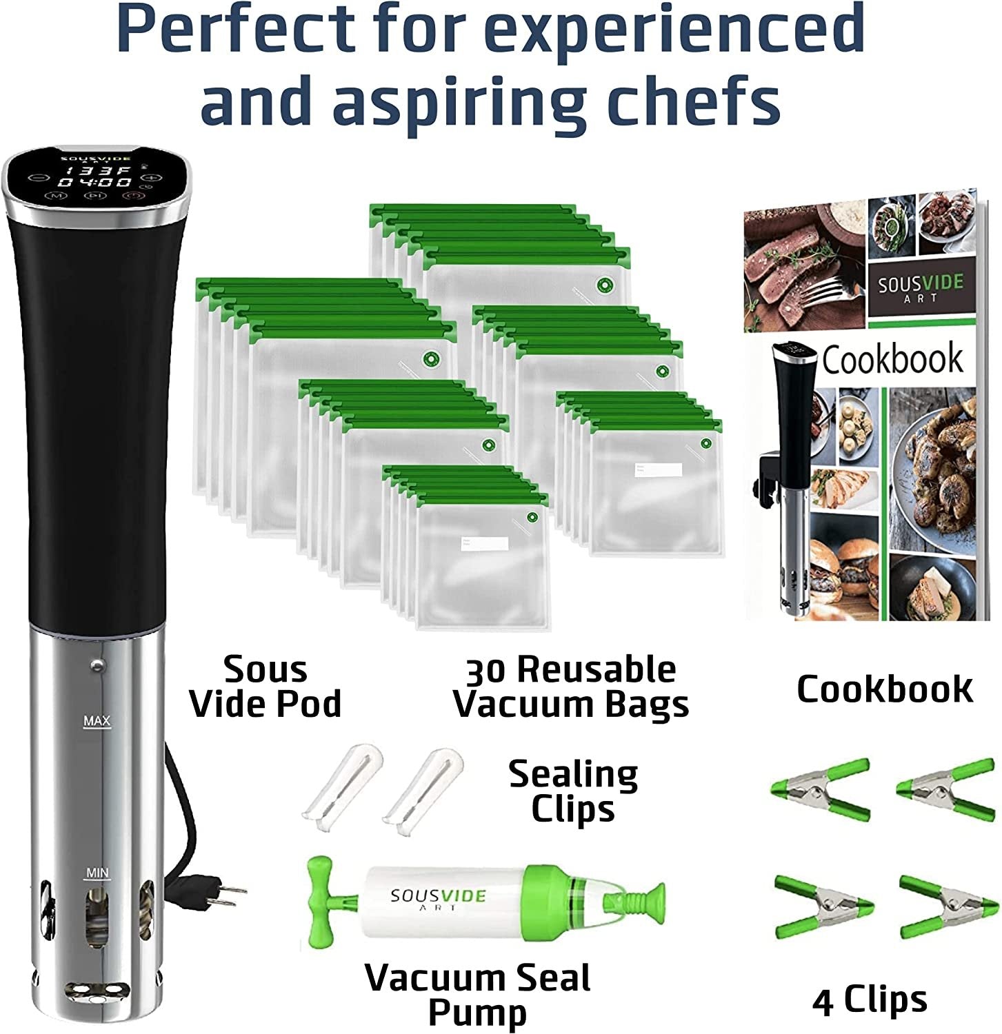 SOUSVIDE ART Precision Cooker Kit | 1000W STANDARD Sous Vide Machine Immersion Cookers Circulator | 15 Vacuum Seal Bags, Vacuum Pump, Digital Timer, & Temperature Control | All In One Sous Vide Machines