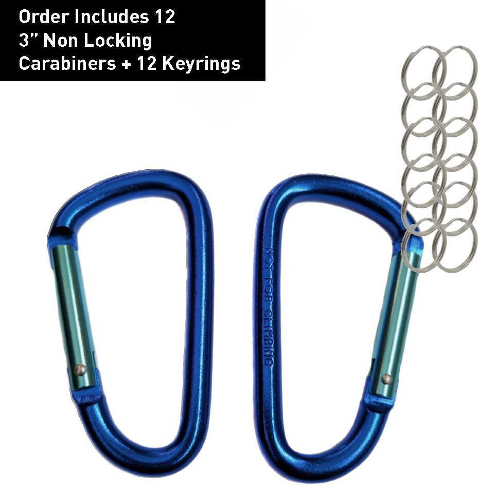 12-Pack Aluminum Carabiner - 3 Inch, Blue | D Shape Heavy Duty Buckle Carabiner Clips | Small Carabiner Clip