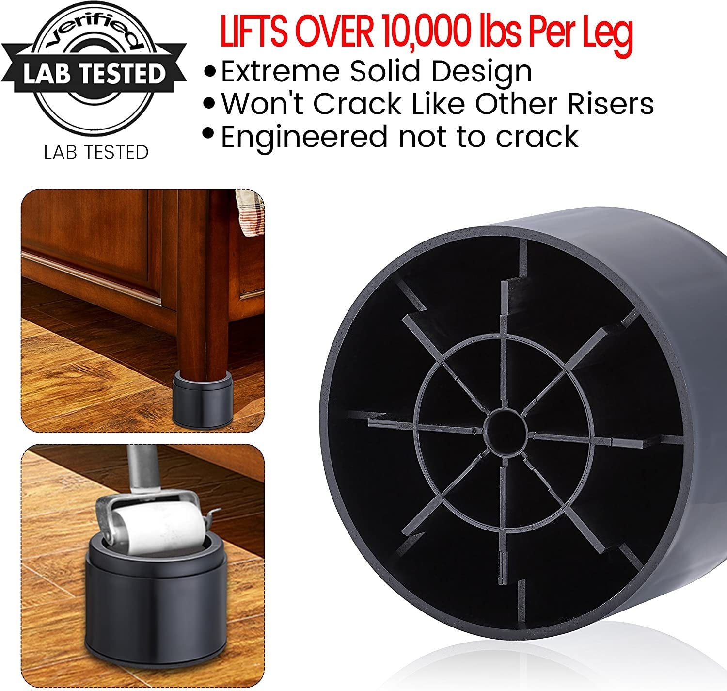 iPrimio Bed and Furniture Risers – Round Elevator up to 3 inches & Lifts Up to 10,000 LBs - Protect Floors and Surfaces – Durable ABS Plastic and Anti Slip Foam Grip – Non Stackable