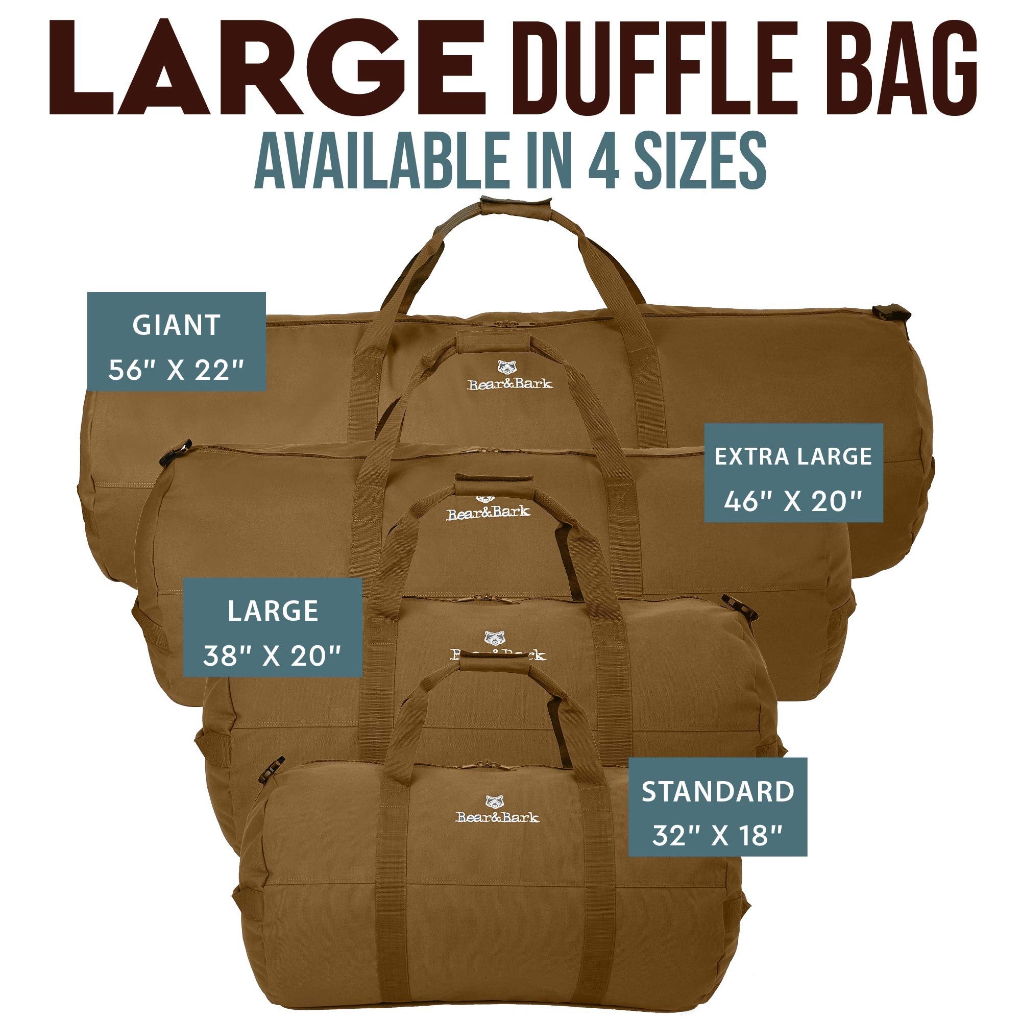 X-Large Desert Brown Canvas Duffle Bag - 46x20 - Military Army Cargo Style - 236.8L - Great for Travel, College, Backpacking & Storage