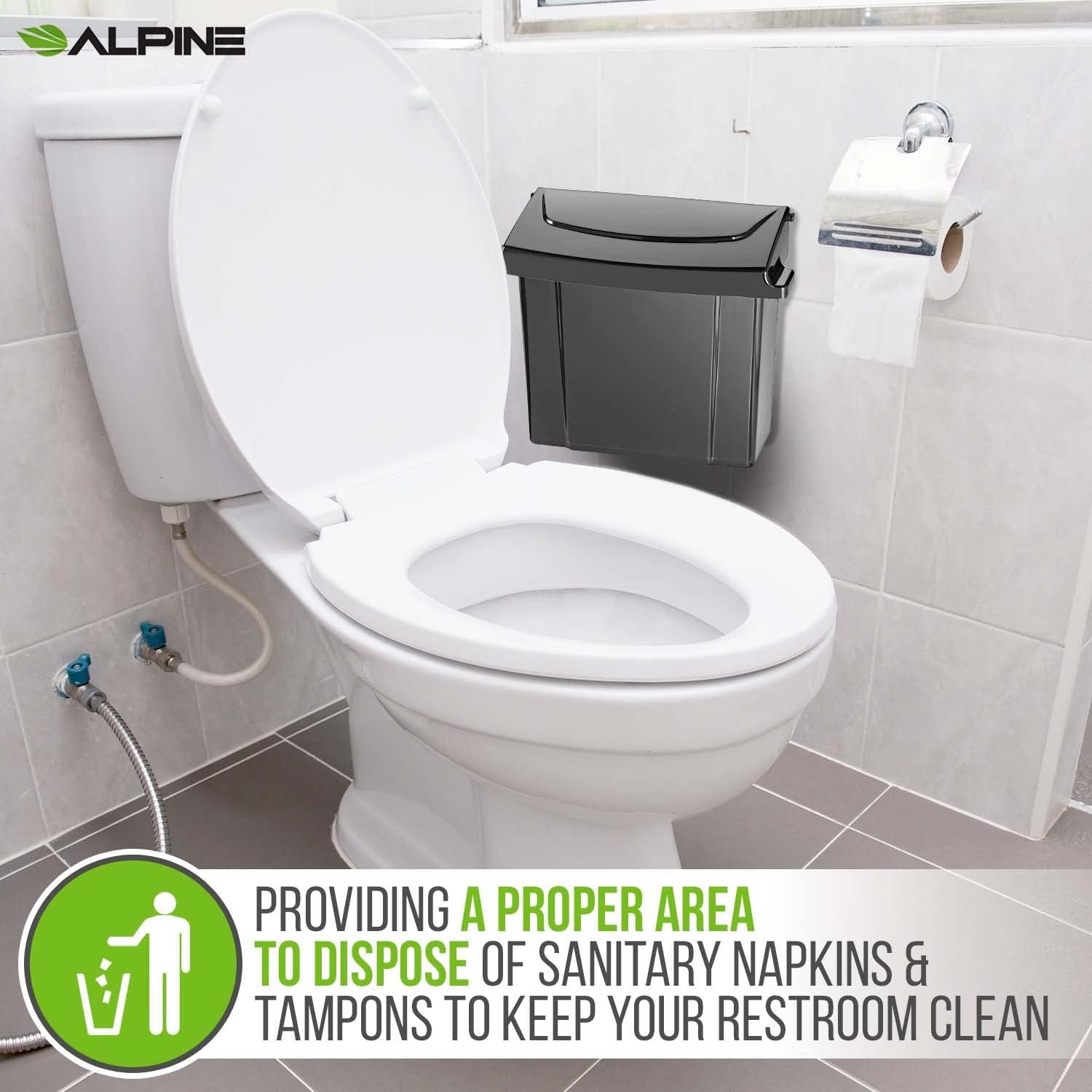 Alpine Industries Sanitary Napkin Receptacle - 5x9x12 in, Black, Durable ABS Plastic, Free Shipping
