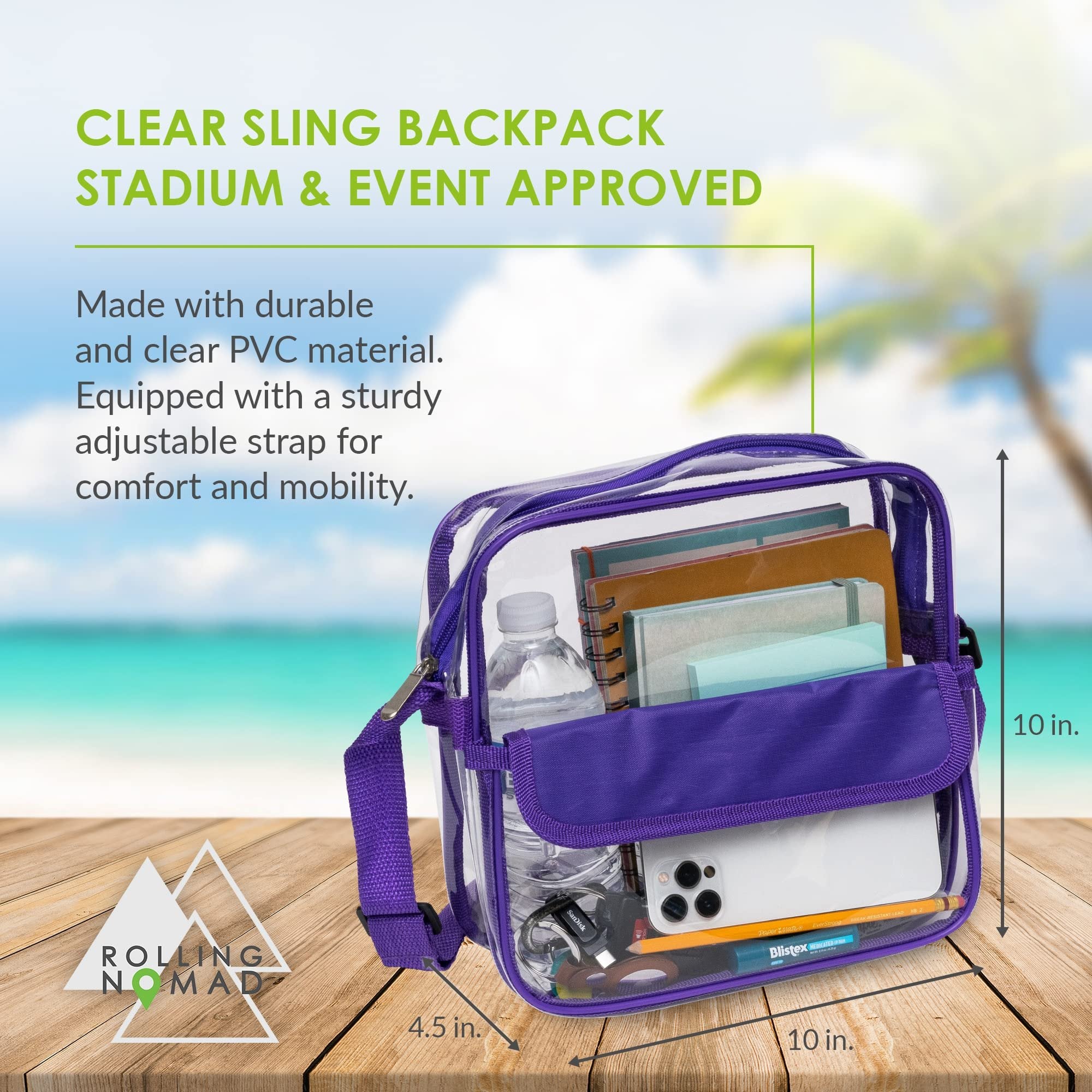 Clear Crossbody Purse - See-Through Vinyl Bag with Zipper, Front Pocket & Adjustable Strap, Purple, Size 10x10x4.5