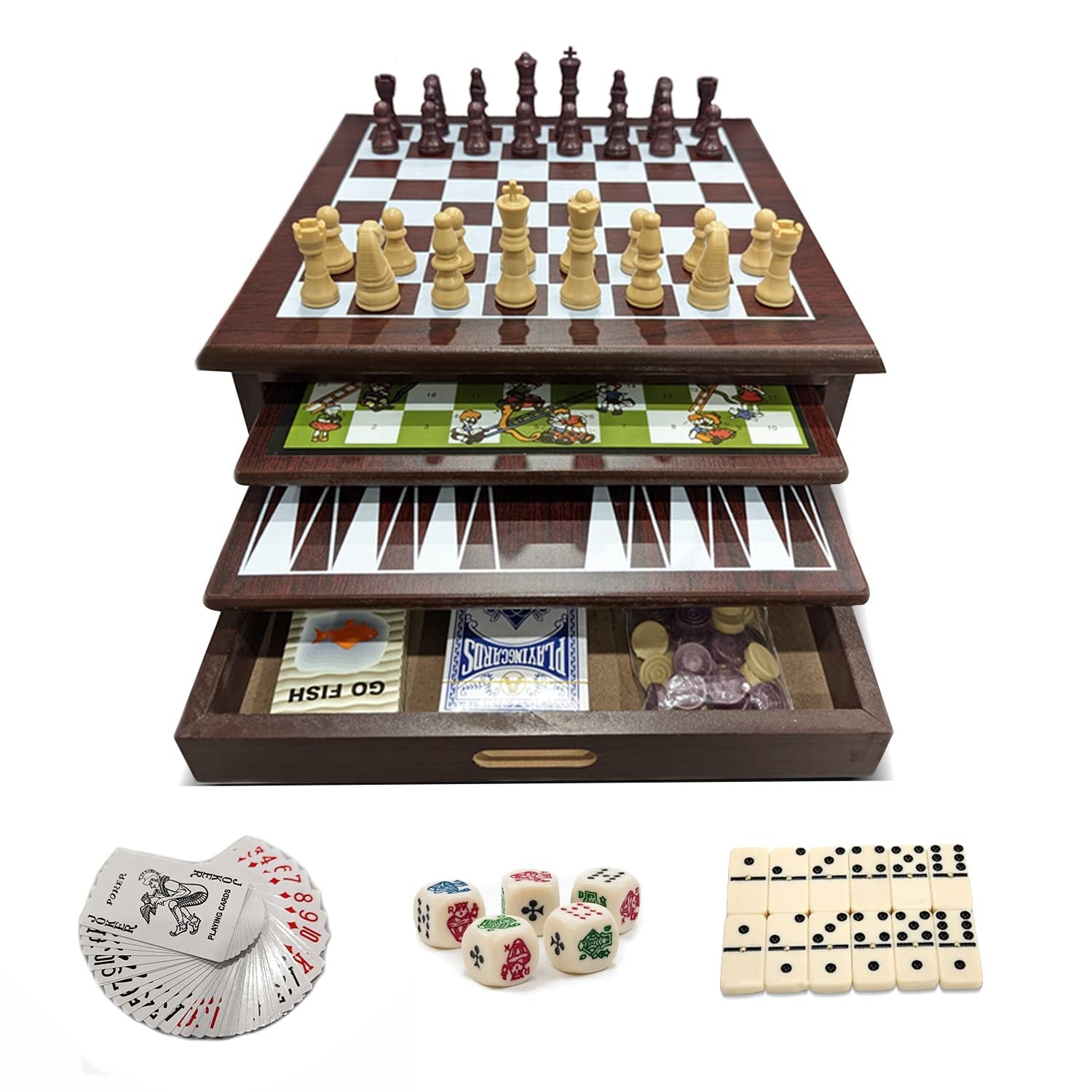 Bundaloo 15-in-1 Tabletop Game Center - Portable Wooden Combo Game Board with Classic Games - Unique Set with Dice, Dominos, Playing Cards & Game Pieces - for Kids & Adults - Wood Finish, 12x12x5.5
