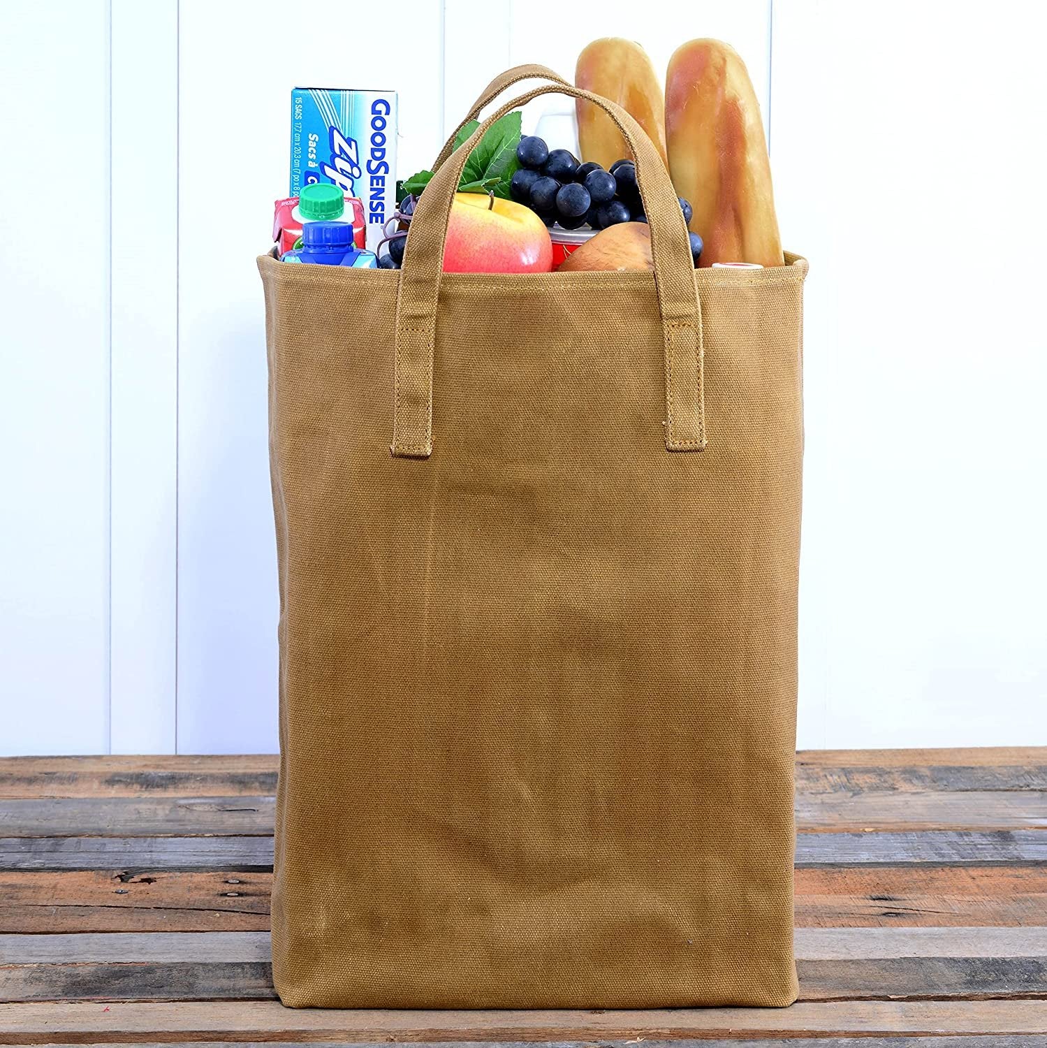 ZENPAC Waxed Canvas Bag - Large Trendy Grocery Tote with Strong Handles Holds 60 Pounds, Brown Reusable Shopping Bag Made of Eco Friendly Durable Vintage Cotton Cloth Fabric for Market, Lunch, Travel