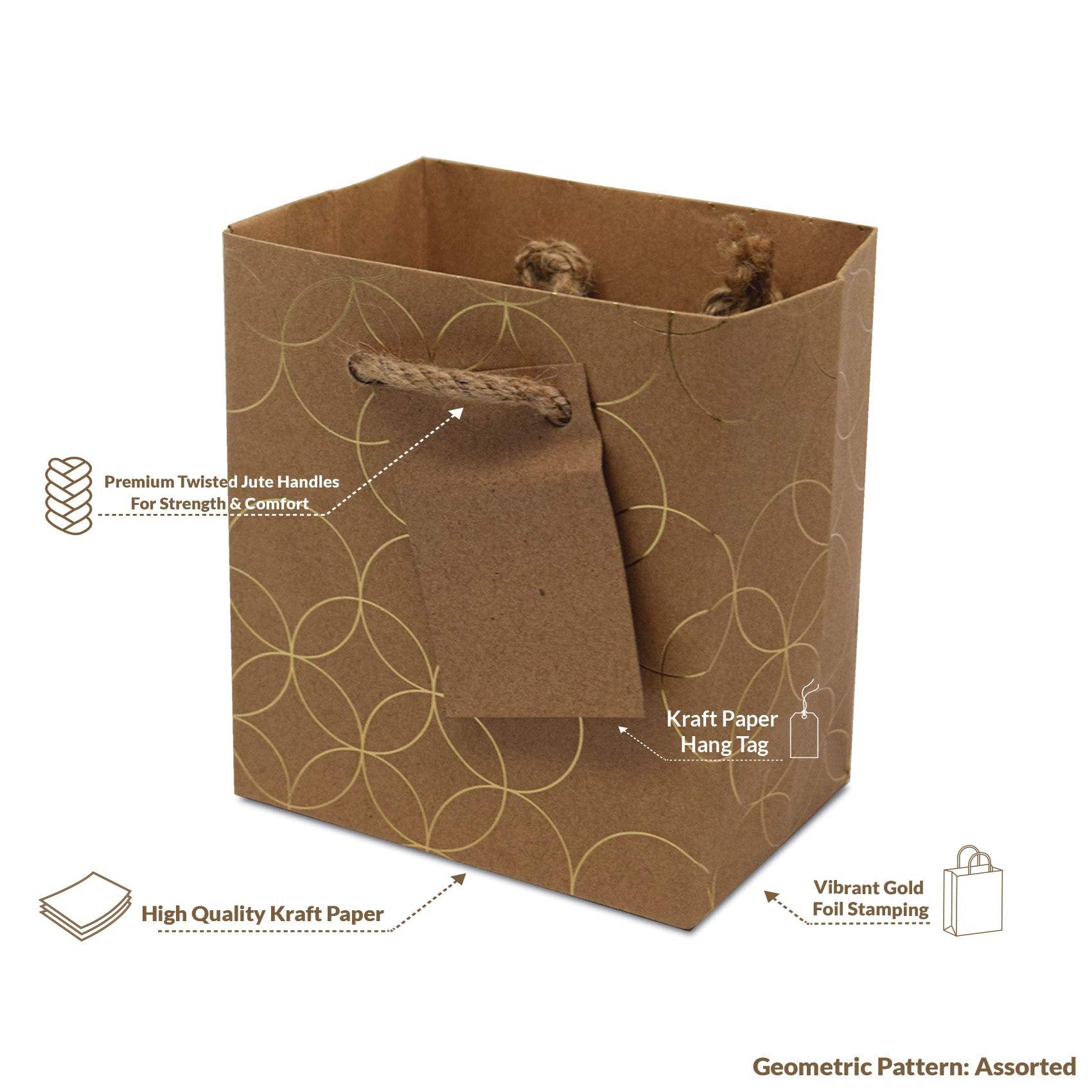 Gold Gift Bags - Mini Geometric Prints Kraft Paper Handles - 4x2.75x4.5 Inch (12 Pack) - Ideal for Parties, Bachelorette, Christmas