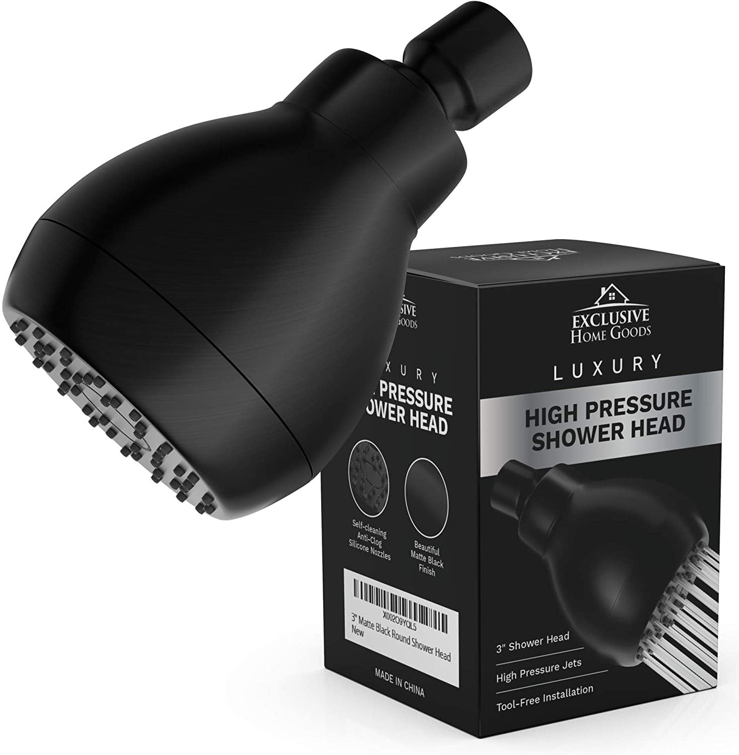 Matte Black High Pressure Shower Head - Strong Spray with Small Silicone Nozzles - 2.5 GPM Size - Universal Fit