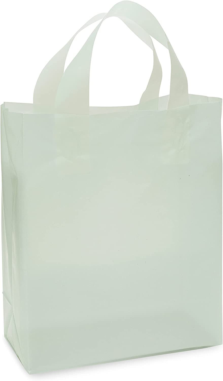 Shopping Bags for Small Business - 8x4x10 Inch 100 Pack Small Frosted Mint Green Colored Plastic Shopping Bags with Handles & Cardboard Bottom for Gifts, Business, Boutique & Retail Customers in Bulk