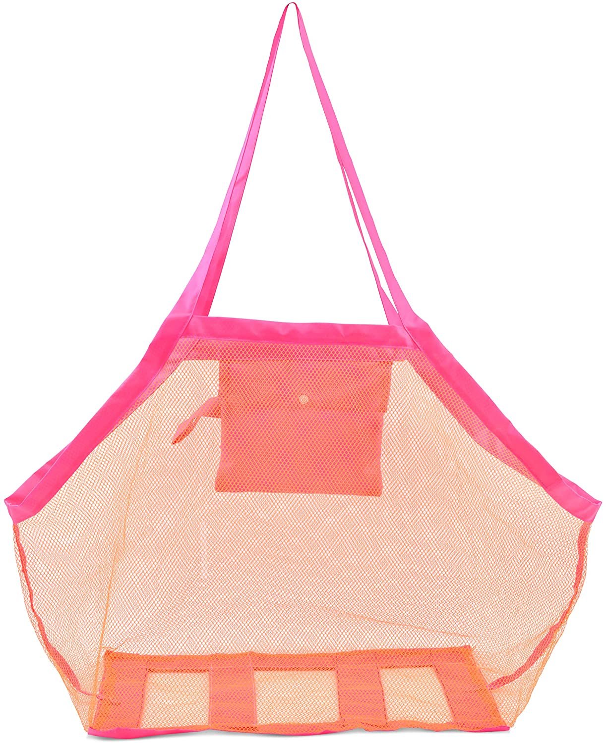 Large Orange Mesh Beach Tote Bag | Durable, Reusable, Foldable w/Pouch | Perfect for Sand Toys, Towels, Picnic | 17.5x17.5x10