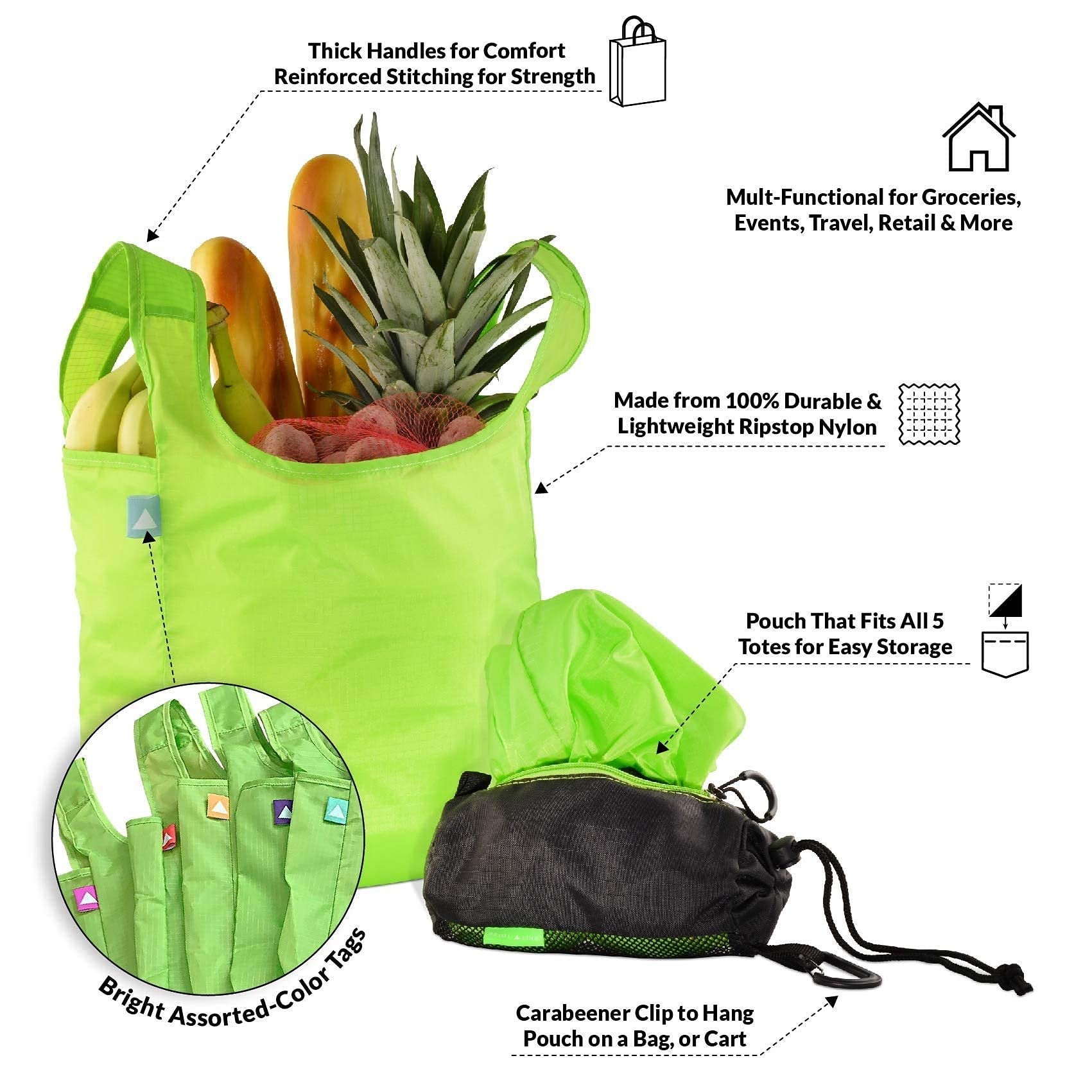 Reusable Grocery Bag - 5 Pack Green Reusable Shopping Bags with Pouch, Compact Travel Shopping Totes, Super Strong Shopping Bags, Foldable & Washable, Lightweight Ripstop Nylon for Groceries and Produce