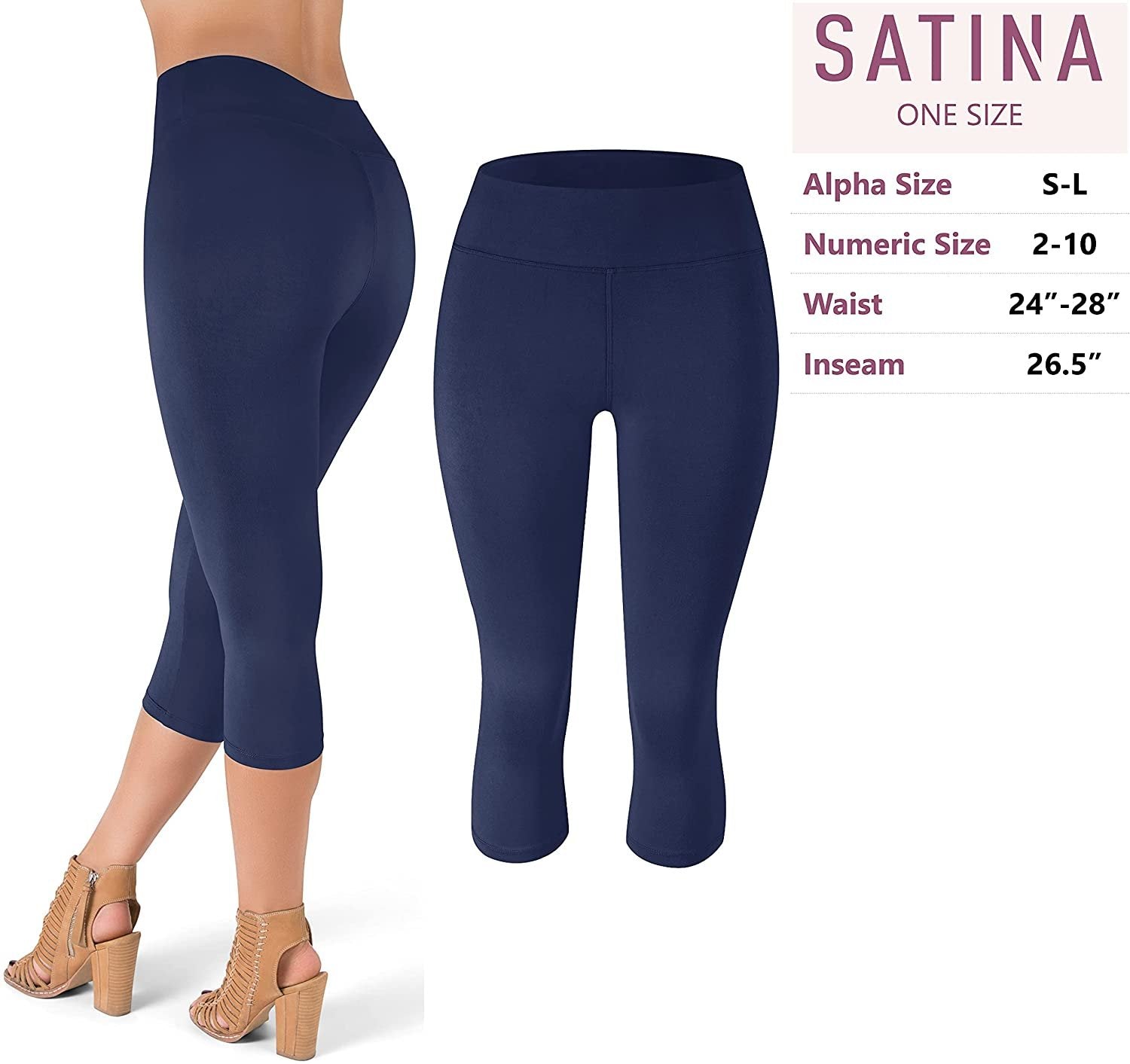 SATINA Navy High Waisted Capri Leggings | 3 Inch Waistband | One Size Fits All