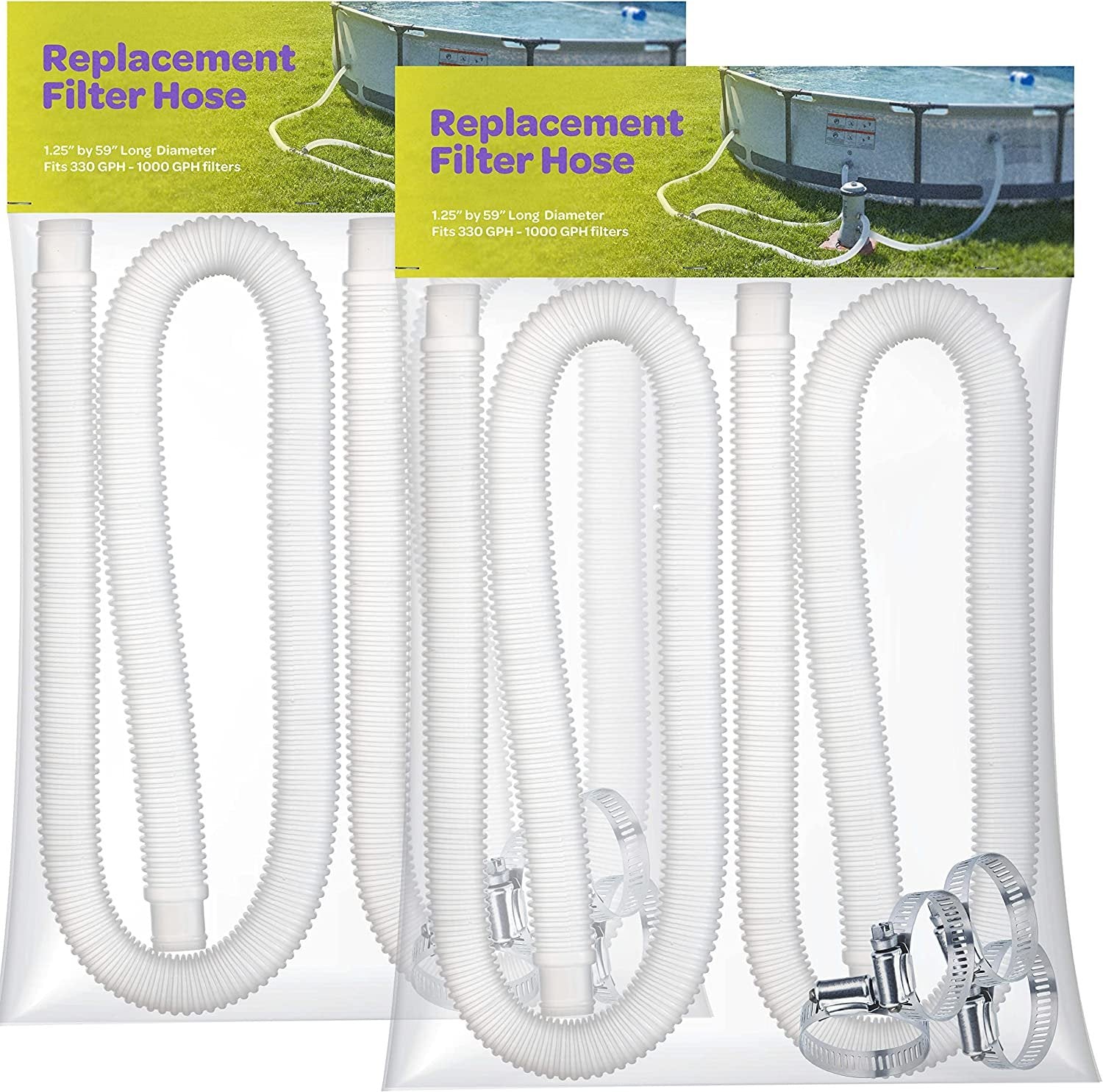 Replacement Hose For Above Ground Pools [Set of 4] 1.25" Diameter, 59" Long Accessory Pool Pump Replacement Hose - Filter Pump Hose Compatible with Intex Pump Models #607/#637. Includes 4 Metal Clamps