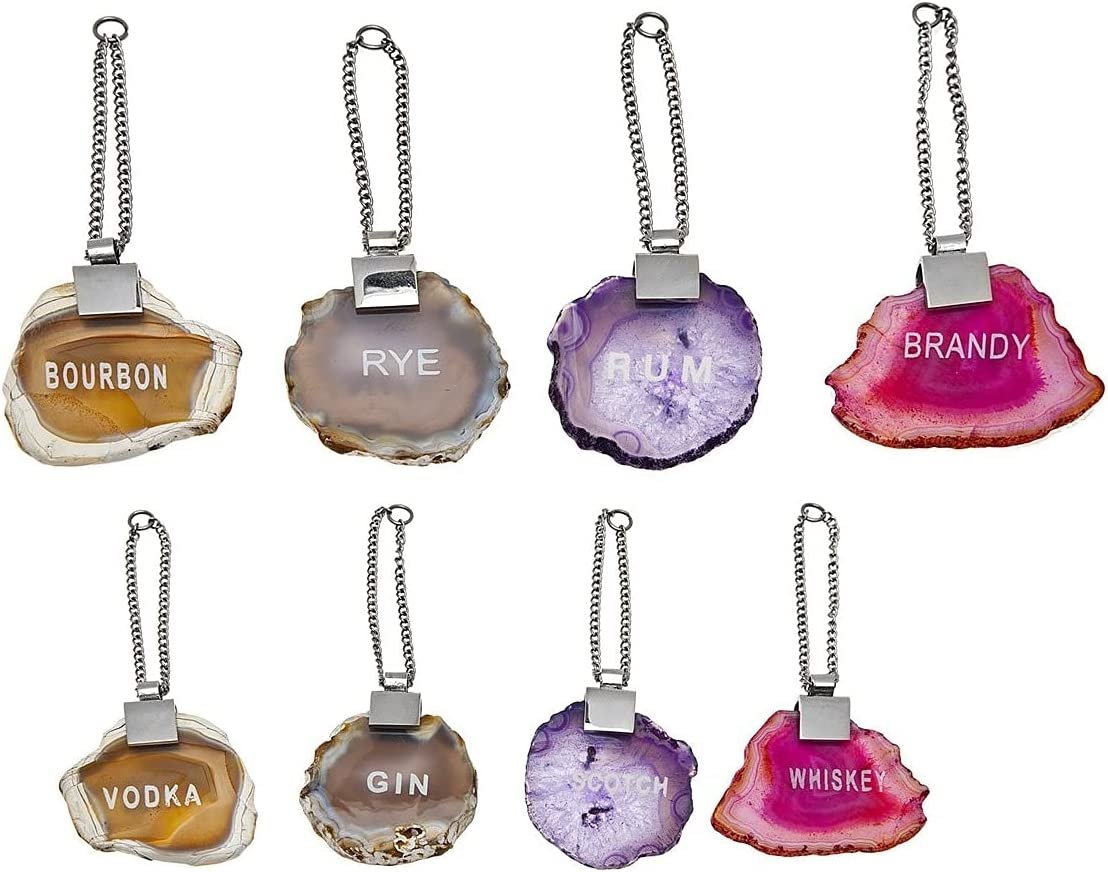 Godinger Set of 4 Double Sided with sayings on each side Multi Color Agate Liquor Decanter Tags- Whiskey, Bourbon, Scotch, Gin, Rum, Vodka, Brandy and Rye