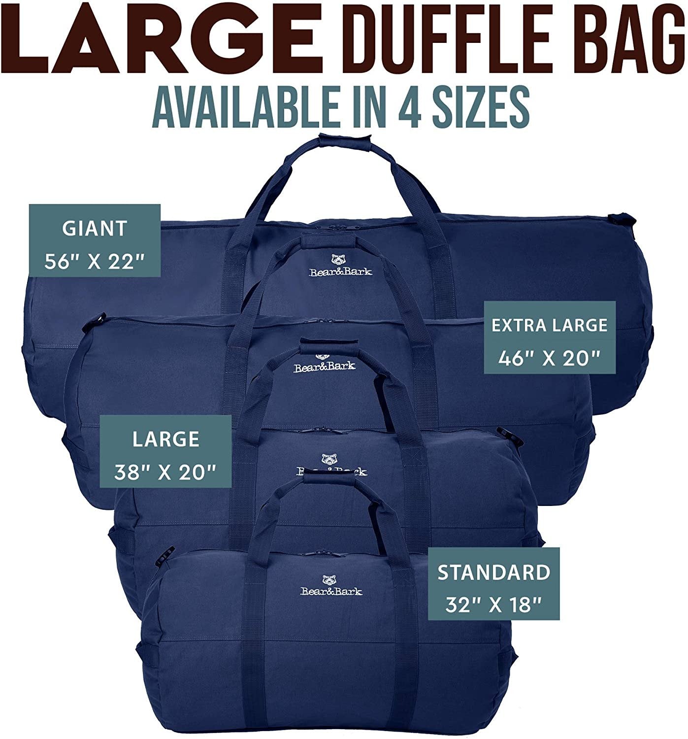 New Bear&Bark Large Blue Duffle Bag - 38" X 20" Canvas Army Style Cargo Tote for Travel, College, and Storage - 195.6L