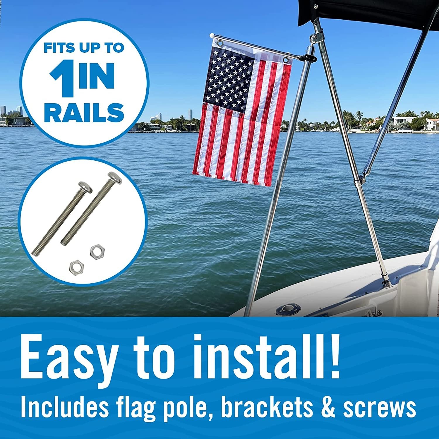 Small American Boat Flags Kit 12x18 - US Flag, Double Sided, Marine Grade with Pole Holder - Ski Rail or Pontoon Mount
