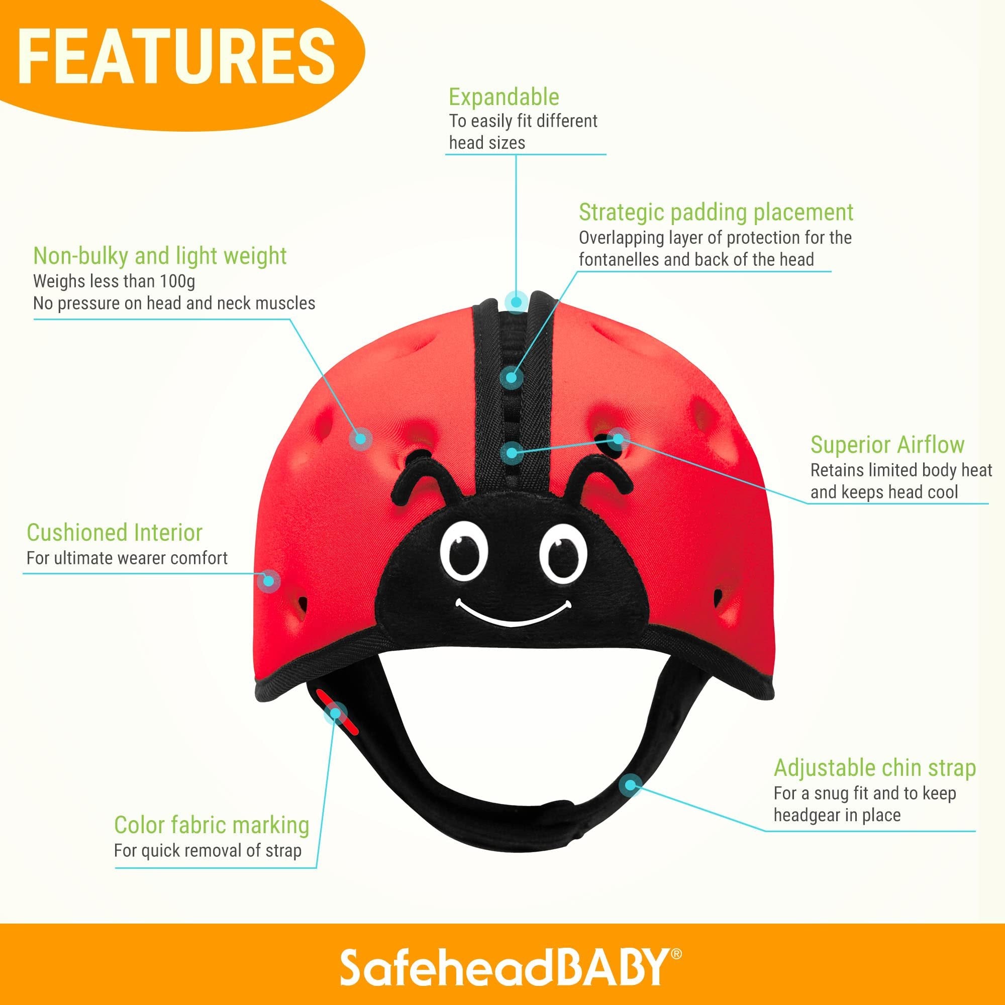 SafeheadBaby Infant Safety Helmet - Cars Orange, Adjustable & Lightweight (One Size)