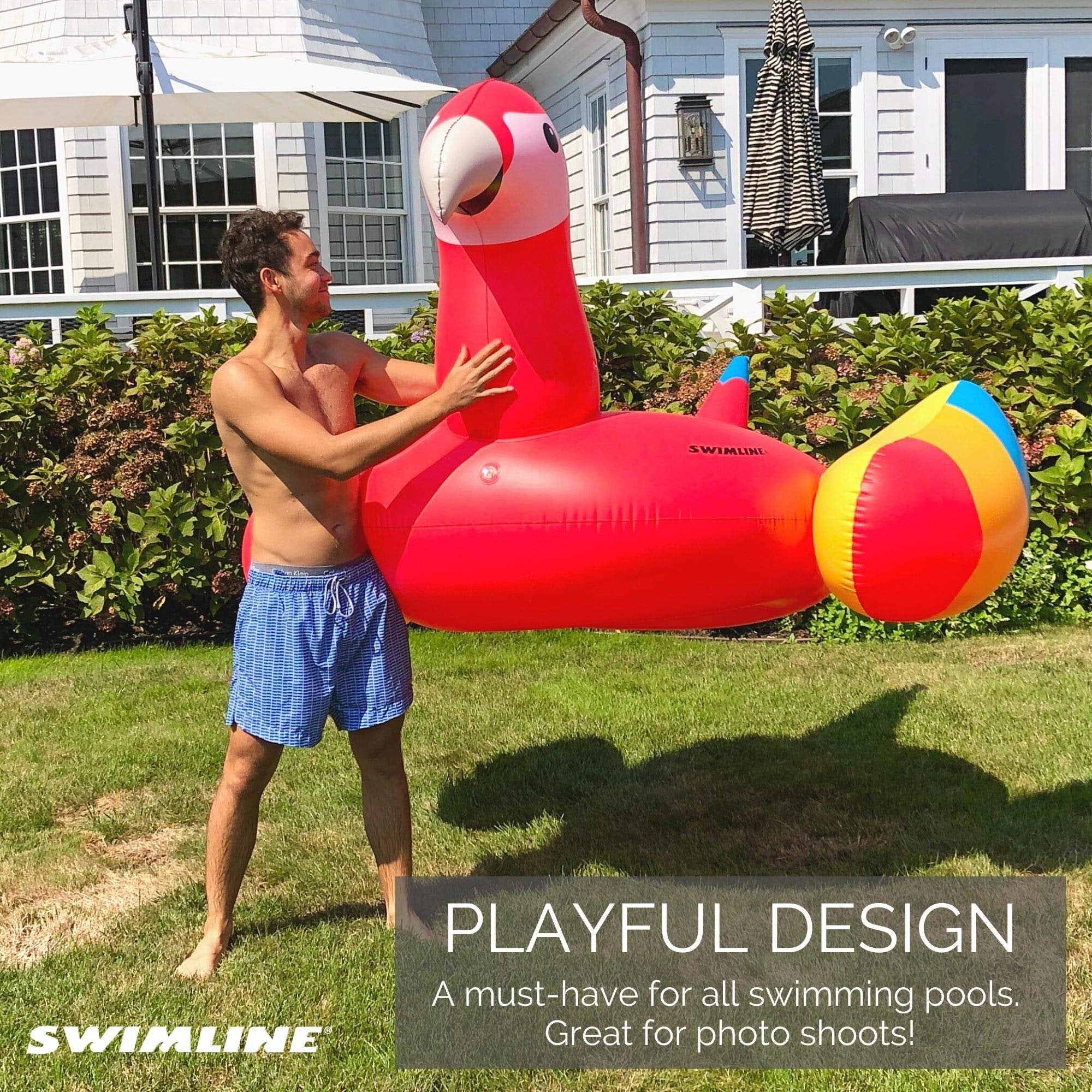 SWIMLINE ORIGINAL 90629 Giant Inflatable Parrot Pool Float Floatie Ride-On Lounge W/ Stable Legs Wings Large Rideable Blow Up Summer Beach Swimming Party Lounge Big Raft Tube Decoration Toys Kids