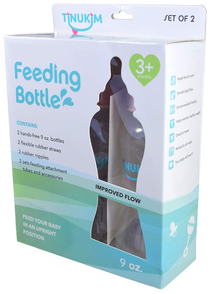 Tinukim iFeed Baby Bottle - 9 oz Self-Feeding Anti-Colic Tube, Blue - 2-Pack