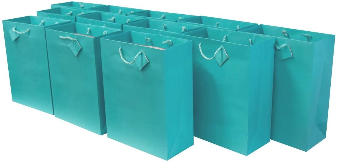 Teal Gift Bags - 12 Pack Medium Turquoise Paper Bags with Handles, Solid Gift Wrap Euro Totes for Birthdays, Party Favors, Baby Shower, Easter, Bachelorette Parties, Weddings, Holidays, Bulk - 7.5x9x3.5
