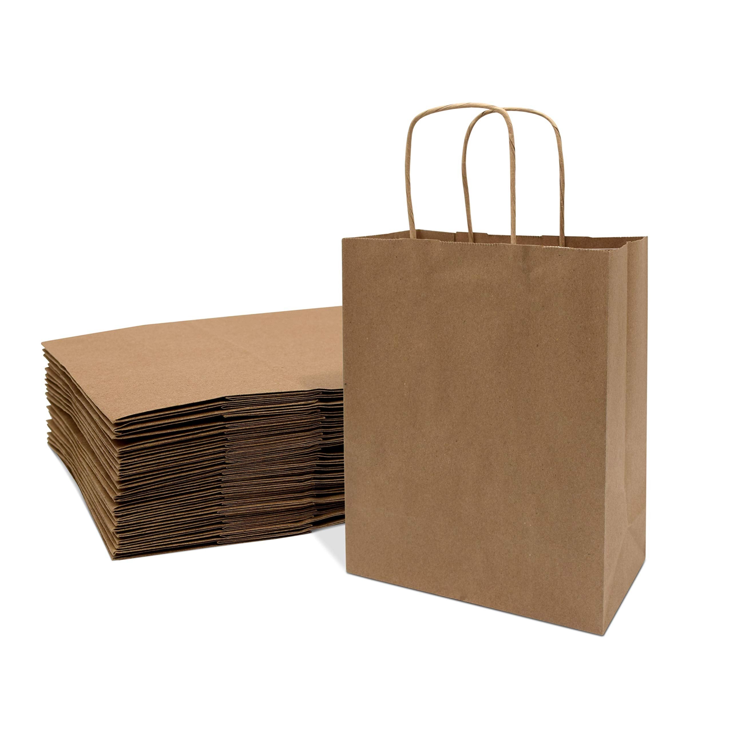 Brown Kraft Gift Bags 8x4x10 - Pack of 25 with Handles for Retail, Boutiques, Birthdays, Parties & more