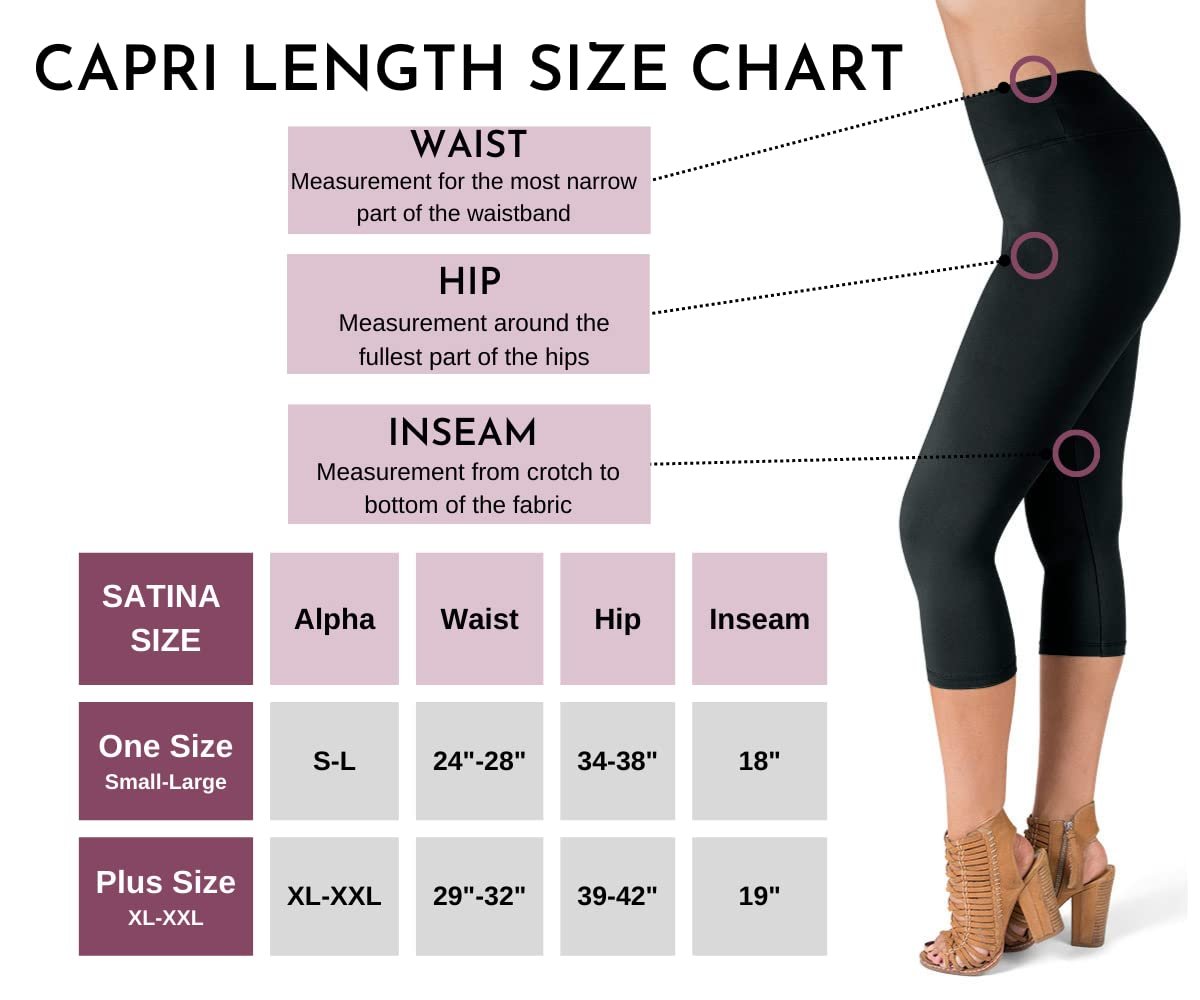 Black Plus Size SATINA High Waisted Capri Leggings for Women - Tummy Control, Yoga - 3 Inch Waistband - Free Shipping
