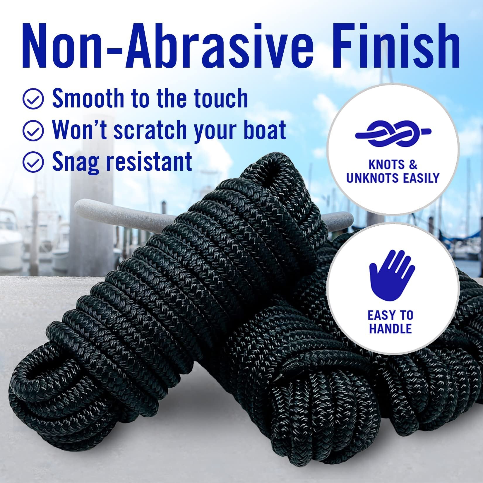 Boat Dock Lines 1/2 x 25 Ft - Braided Nylon Marine Rope Black 4 Pk with Loop - Free Shipping