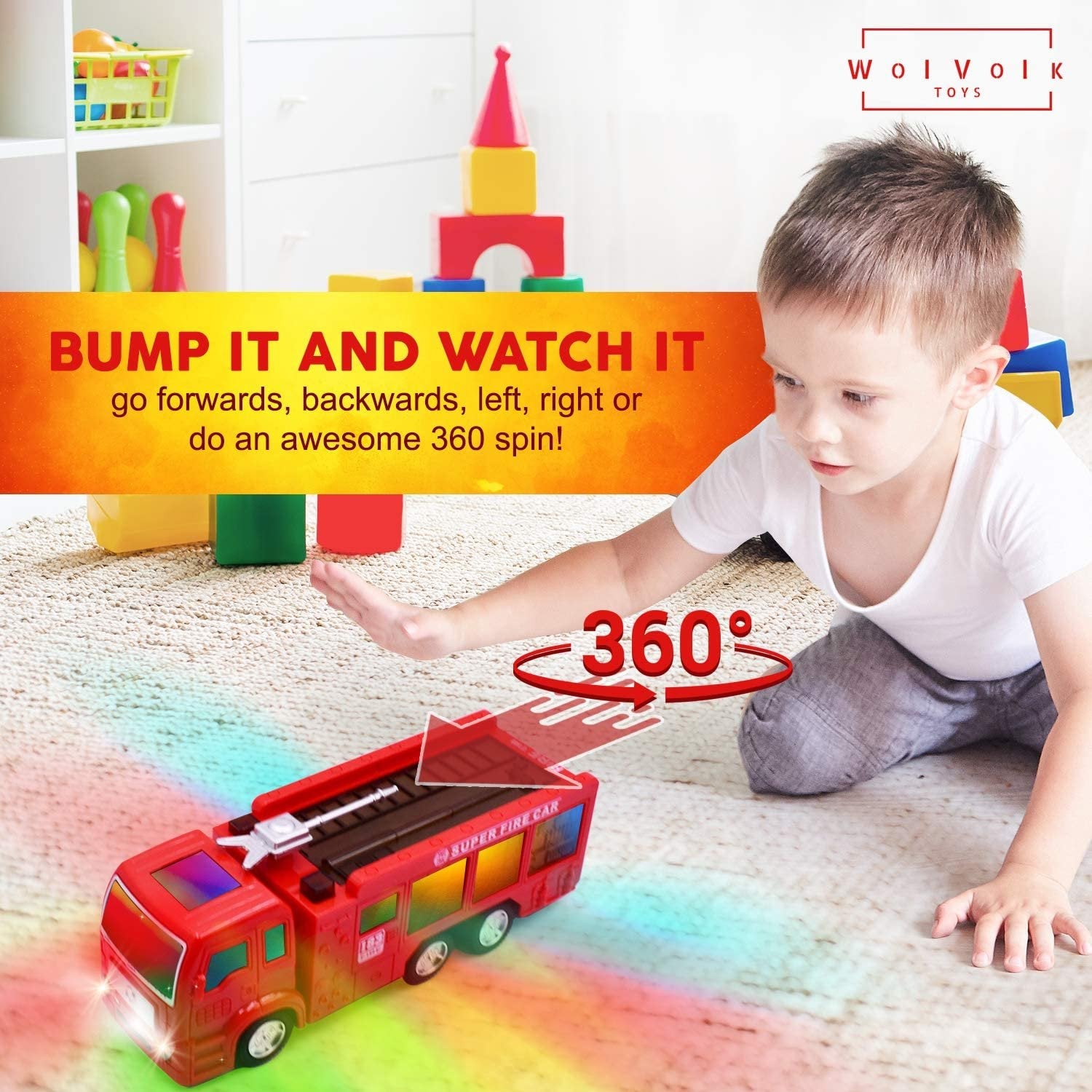 WolVolk Electric Fire Truck Toy with Stunning 3D Lights and Sirens, goes Around and Changes Directions on Contact - Great Gift Toys for Kids