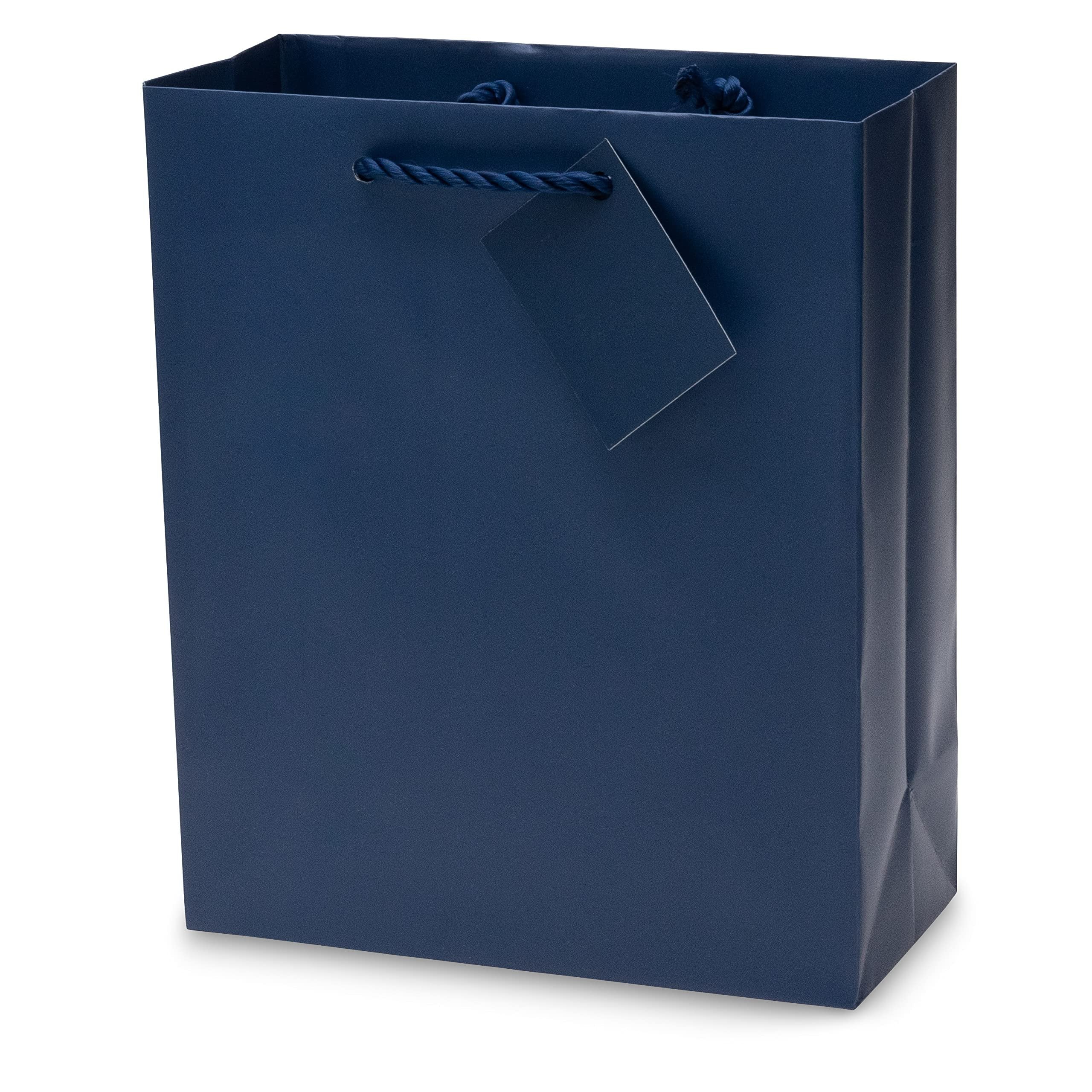 Blue Gift Bags - 12 Pack Medium Navy Paper Gift Bags with Rope Handles, Designer Solid Color Paper Gift Wrap Bags for Birthdays, Parties, Events, Bulk Favor Bags, Weddings or Any Occasion - 7.5x9x3.5