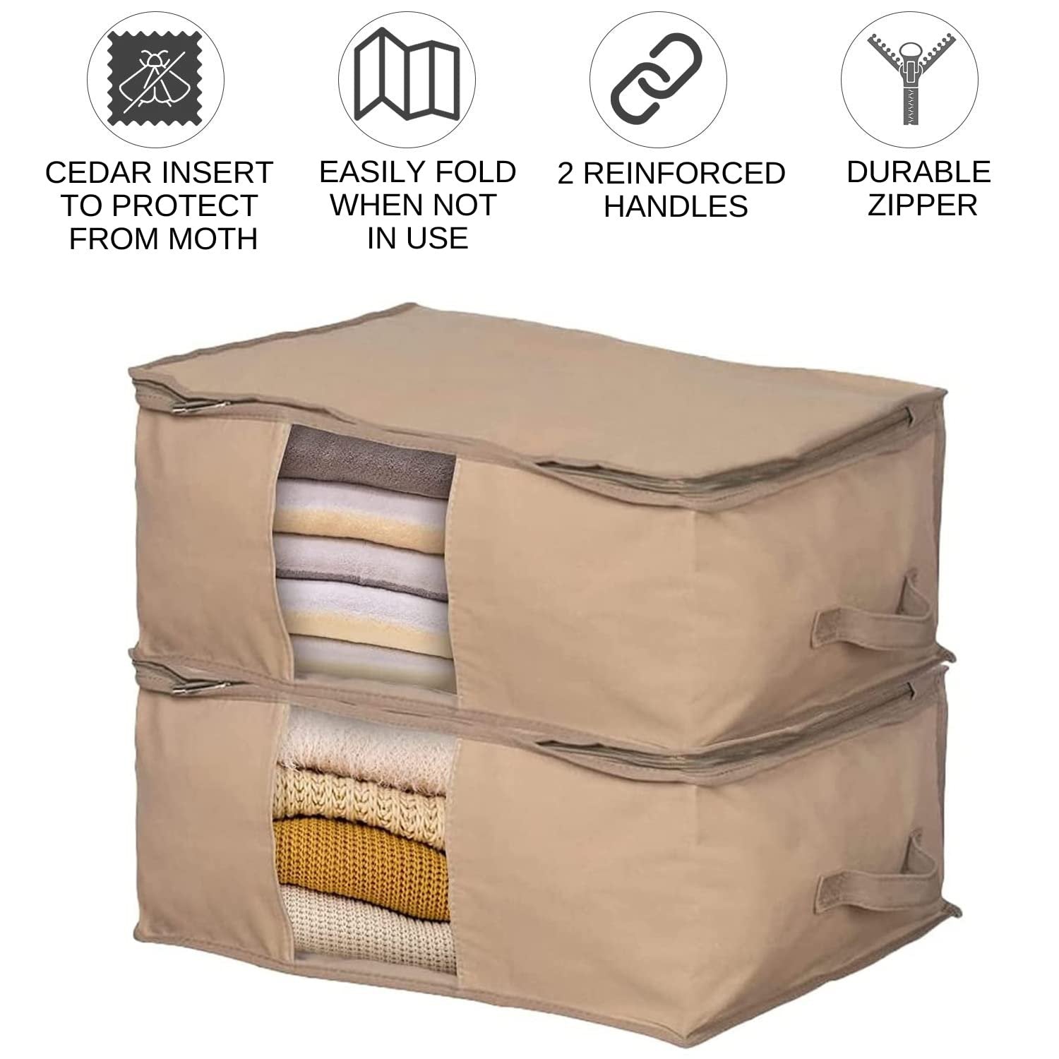 HOLDN' STORAGE Clothes Storage Bag Organizer - Set of 2 Beige Bags (18x14x8) with Cedar Insert for Moth Protection