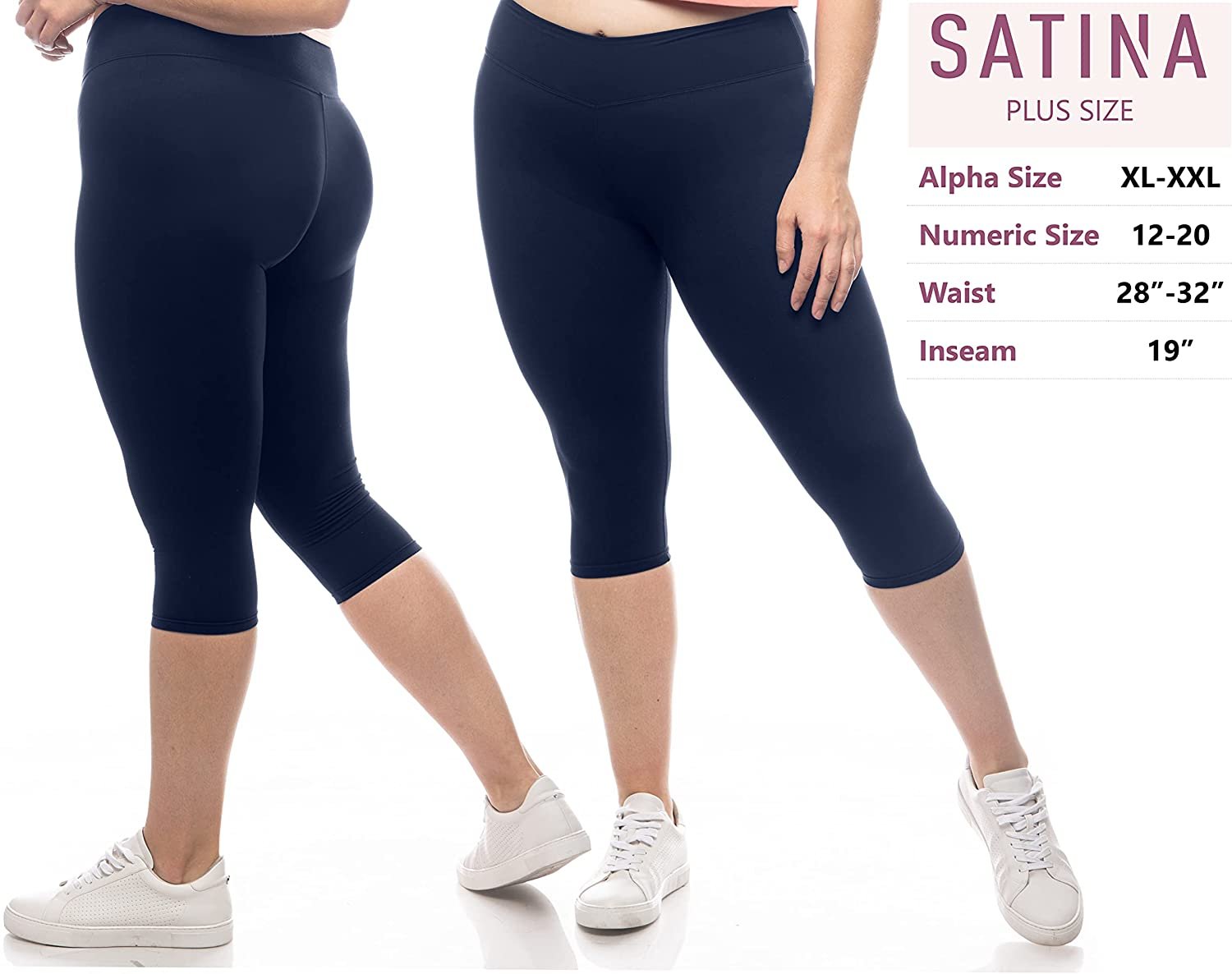 SATINA Navy High Waisted Capri Leggings | 3 Inch Waistband | One Size Fits All