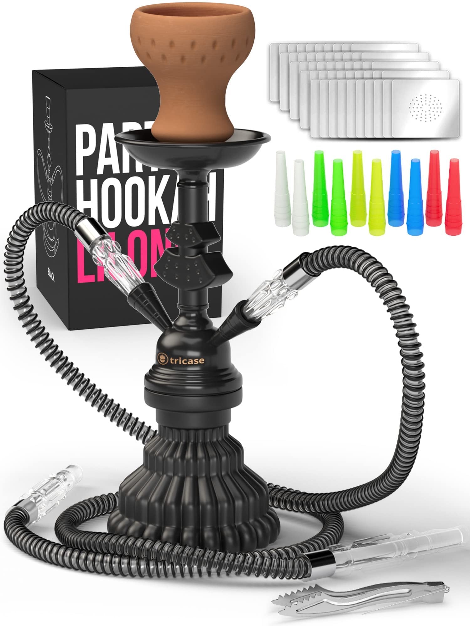 LilOne 12 Black Hookah Set - 2 Hose Kit with Foil, Tips, Mouthpiece, Tongs - Portable
