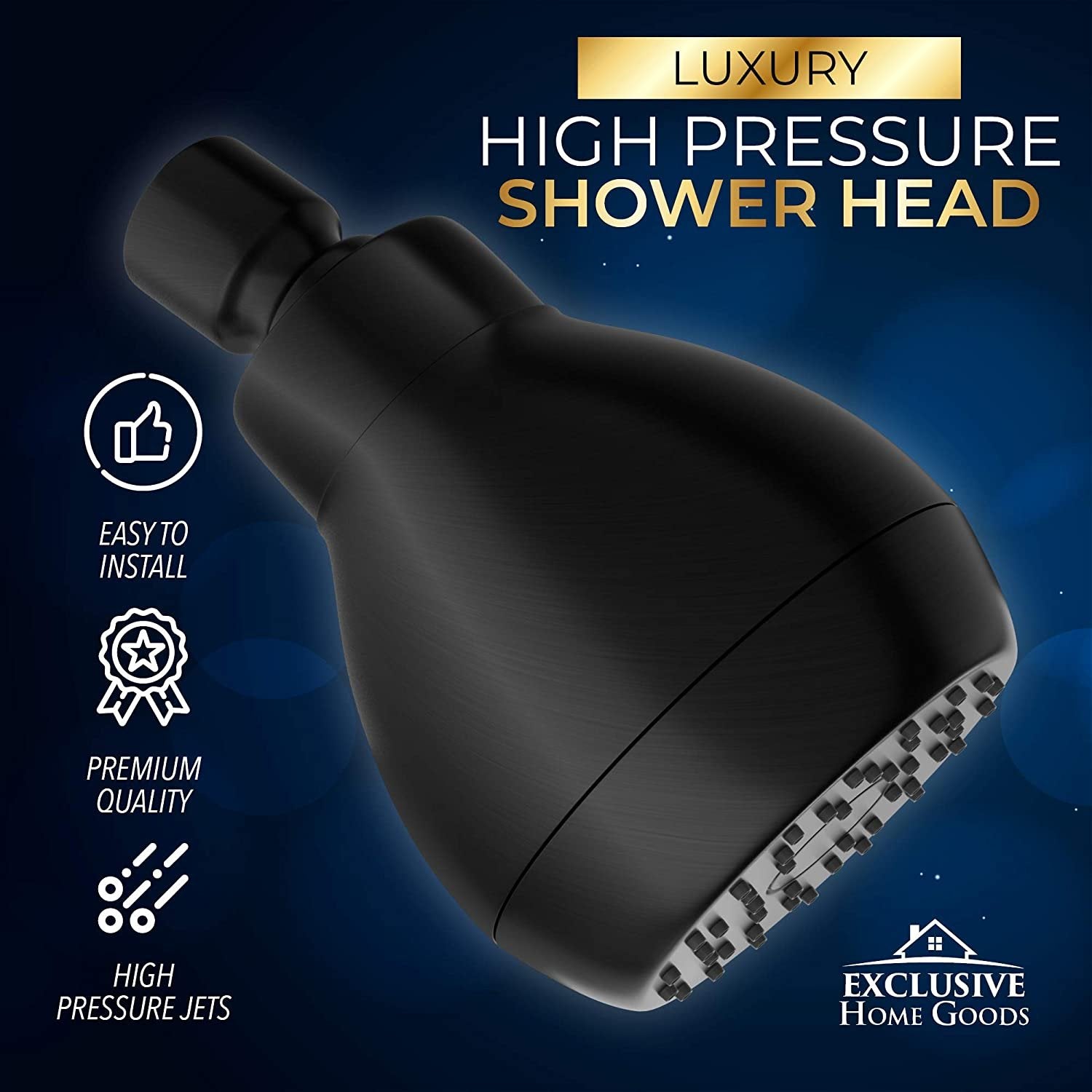 Matte Black High Pressure Shower Head - Strong Spray with Small Silicone Nozzles - 2.5 GPM Size - Universal Fit