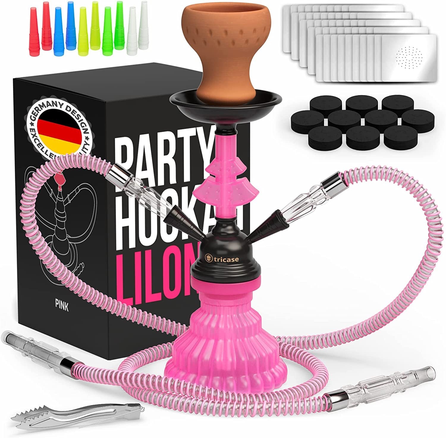 LilOne 12 Mini Hookah Set - 2 Hose, Pink, Portable Shisha Kit with Foil, Charcoal, & Mouth Tips