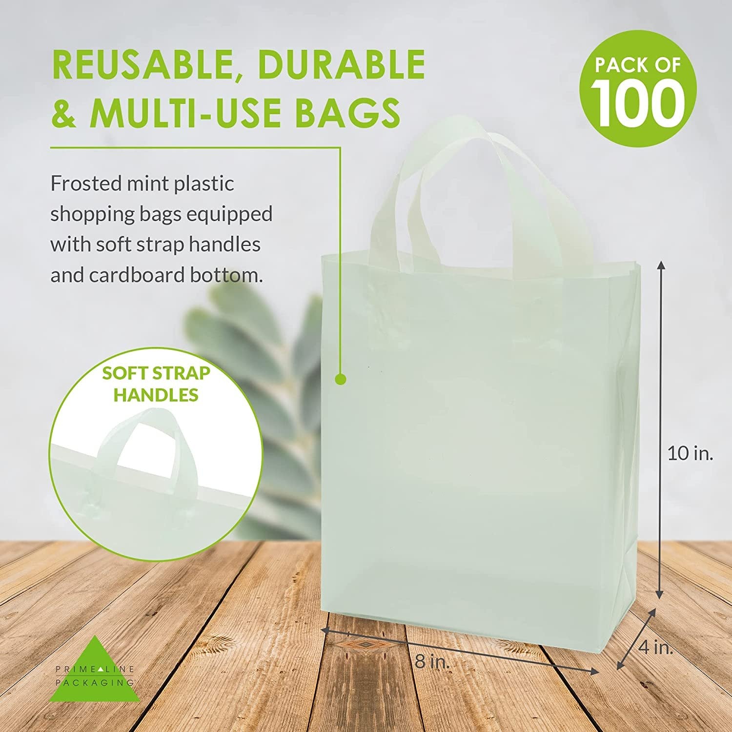 Shopping Bags for Small Business - 8x4x10 Inch 100 Pack Small Frosted Mint Green Colored Plastic Shopping Bags with Handles & Cardboard Bottom for Gifts, Business, Boutique & Retail Customers in Bulk