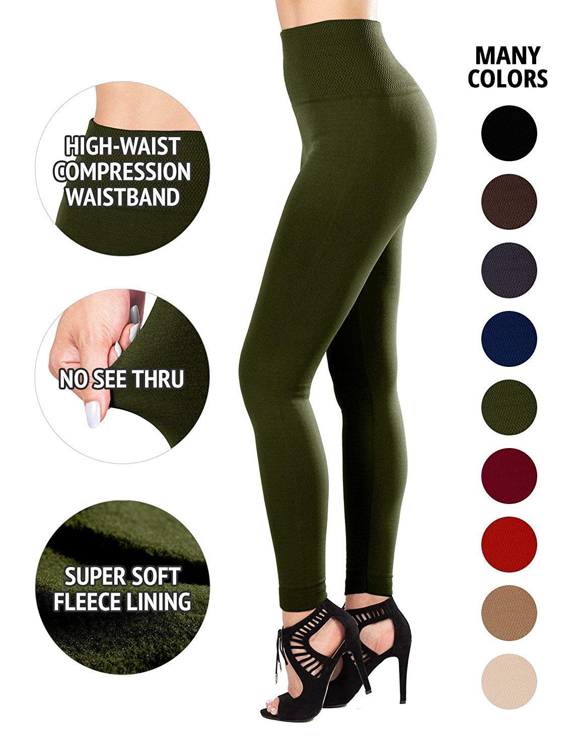 SATINA High Waisted Leggings for Women | Tummy Control & Compression Waistband (One Size (High Waist), Olive)