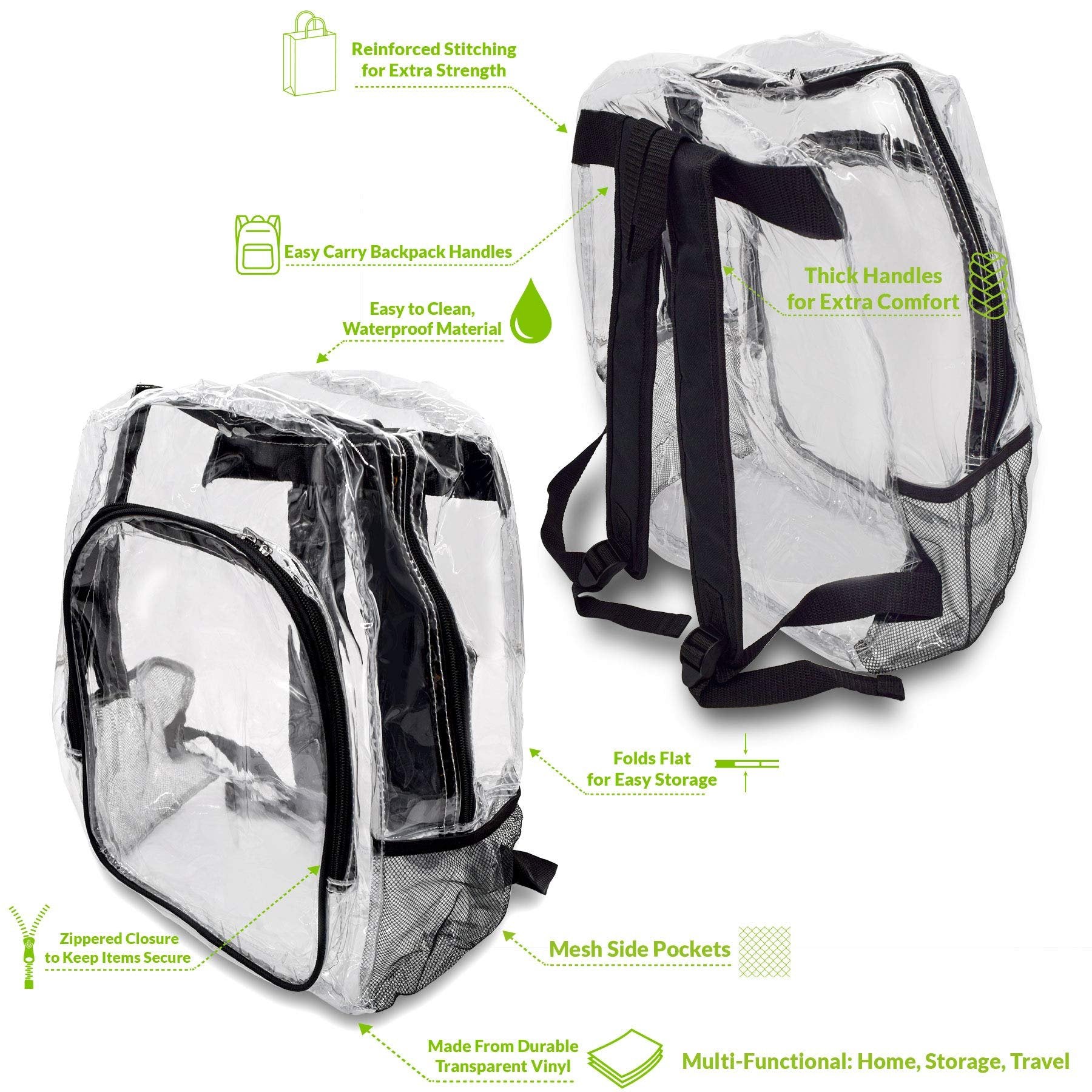 Clear Heavy Duty Backpack - Small Transparent Zippered Bookbag for School, Stadium, Events, 16.5x12.6x6.3