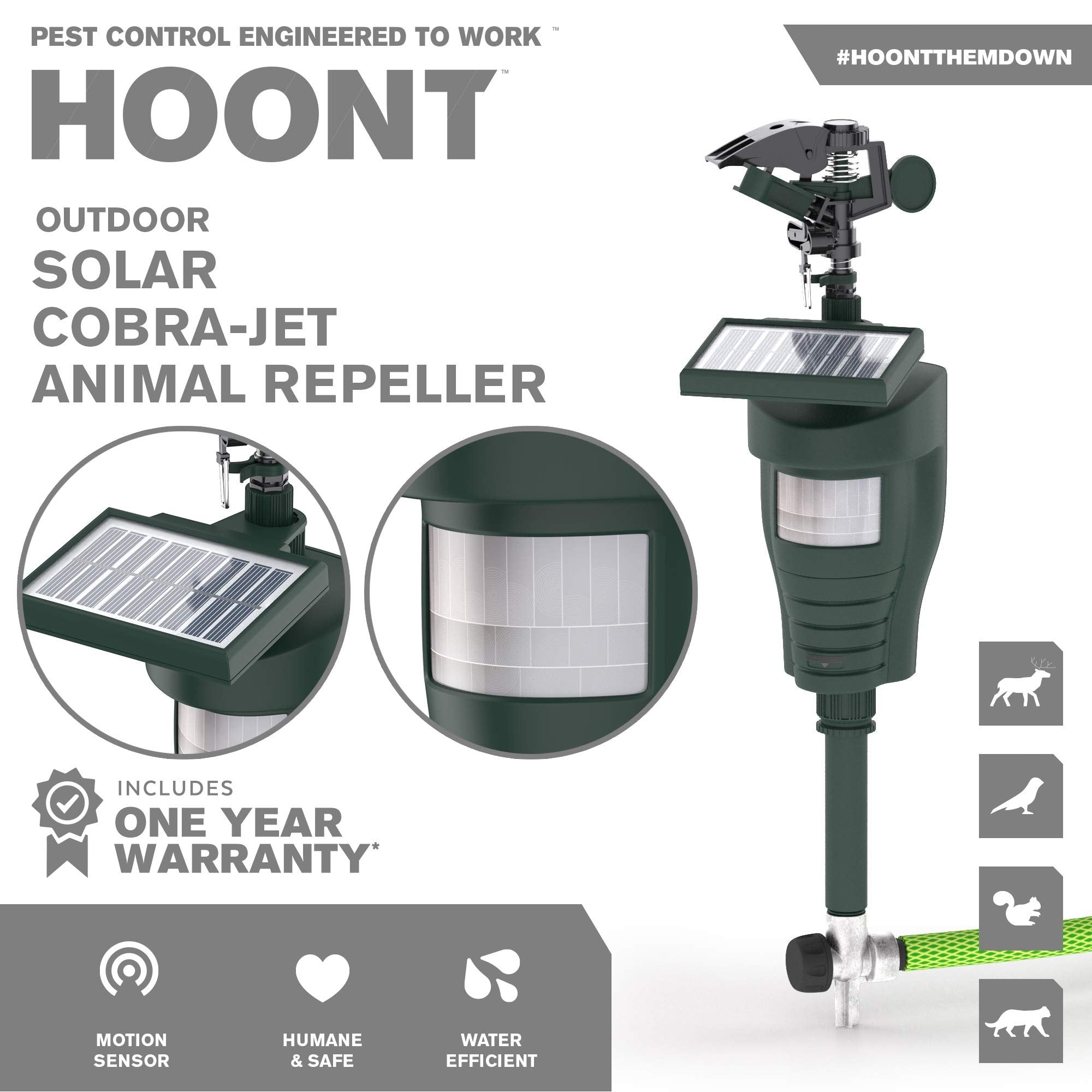 Hoont Cobra Animal Repeller | Solar-Powered Water Blaster | Motion-Activated | Size: Large | Scare Deer, Rabbits, Squirrels & More