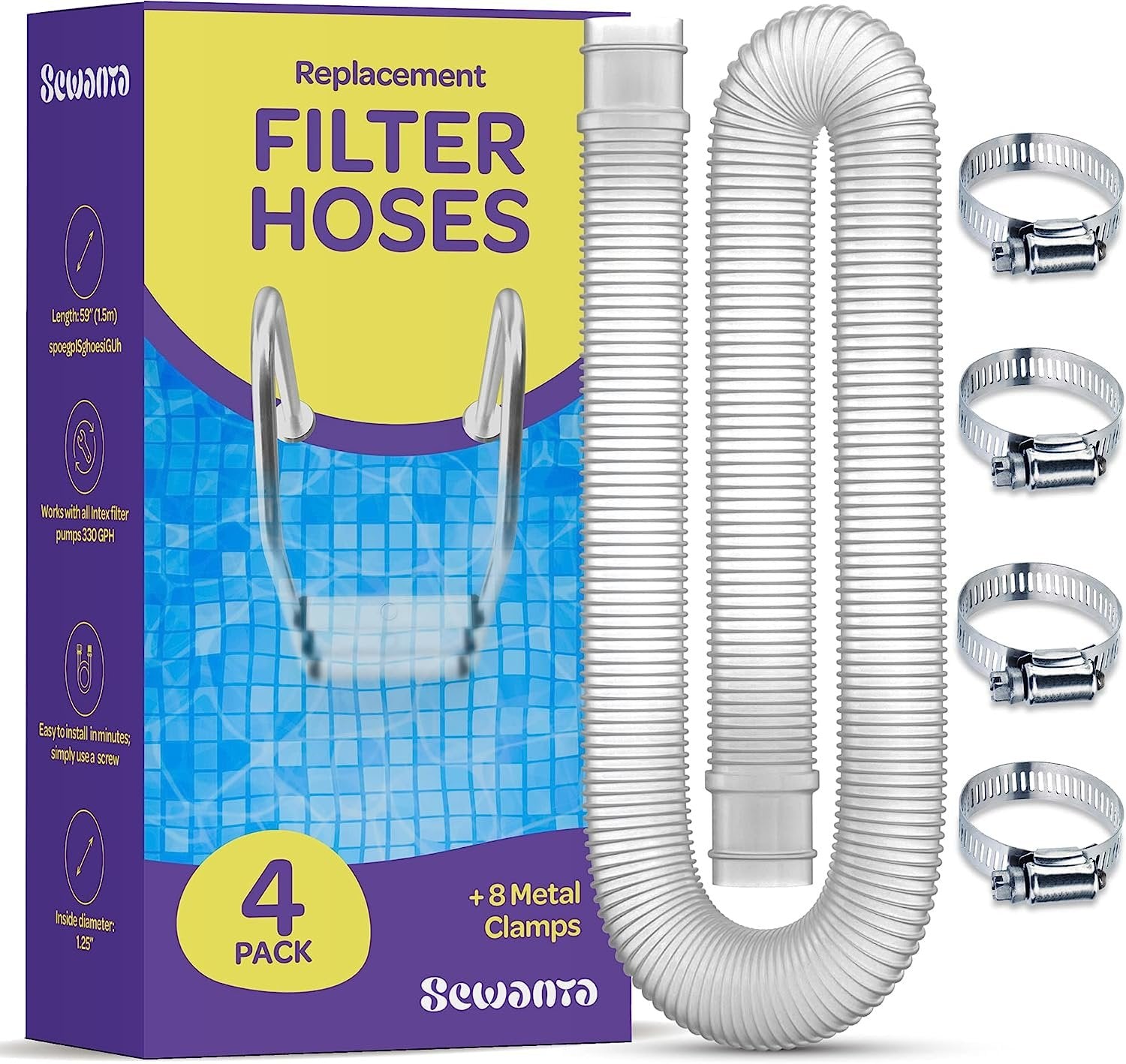 Replacement Hose For Above Ground Pools [Set of 4] 1.25" Diameter, 59" Long Accessory Pool Pump Replacement Hose - Filter Pump Hose Compatible with Intex Pump Models #607/#637. Includes 4 Metal Clamps