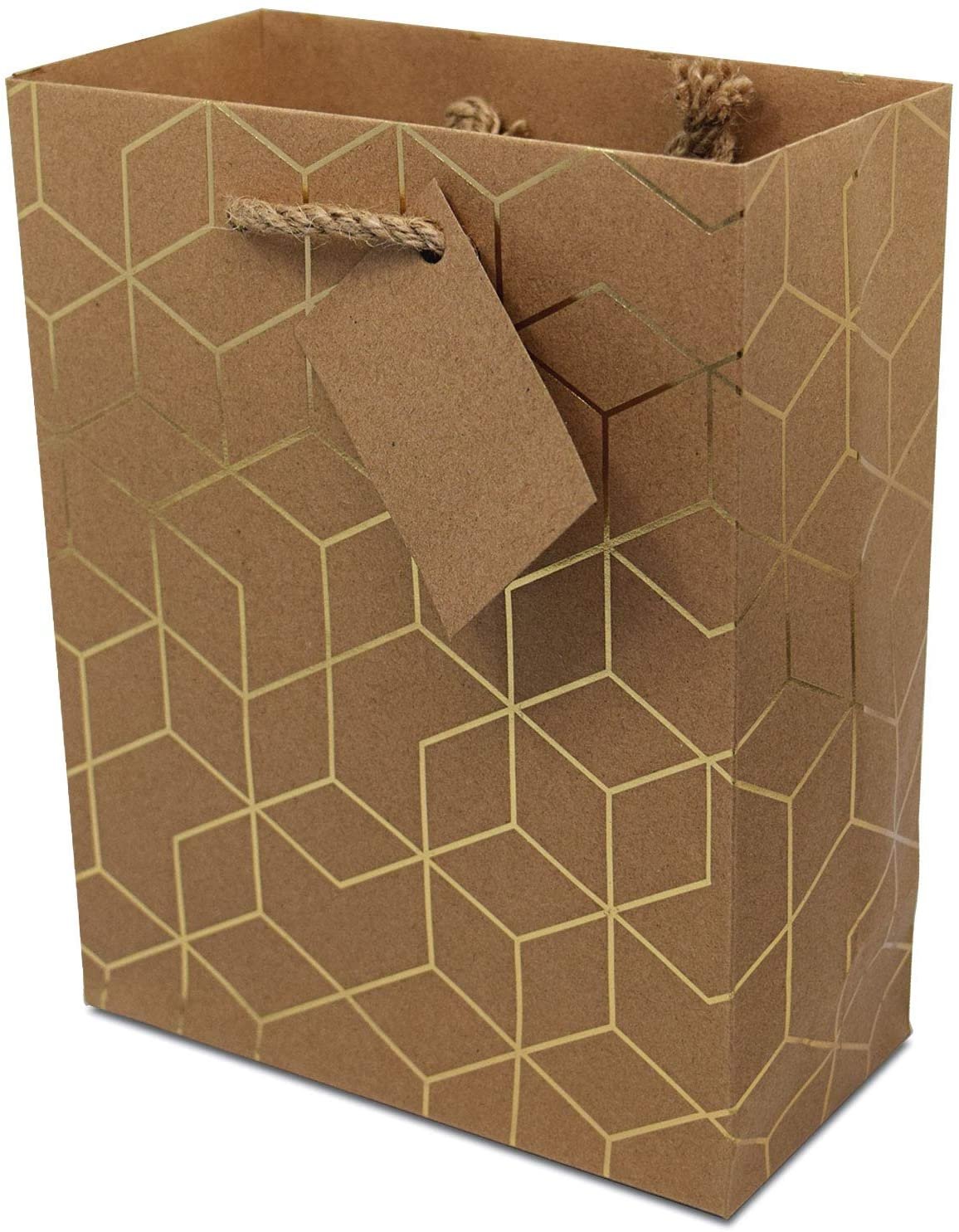 Gold Geometric Designer Gift Bags - 12 Pack Medium Size 7.5x3.5x9 Inch - Handles, Wrap Euro Totes for Birthdays, Parties, Holidays - Free Shipping