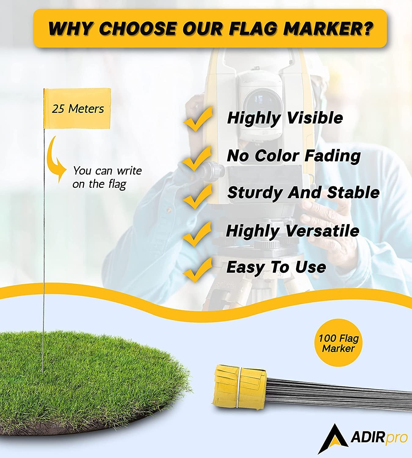 AdirPro Marking Flags 100 Pack - 2"x3" Lawn Flags - Marker Flags - Small & Thin Survey Flags - Flag Markers for Yard - Great for Ground Flags, Lawn Flags, Garden Flag Markers, Boundry Flags (Yellow)