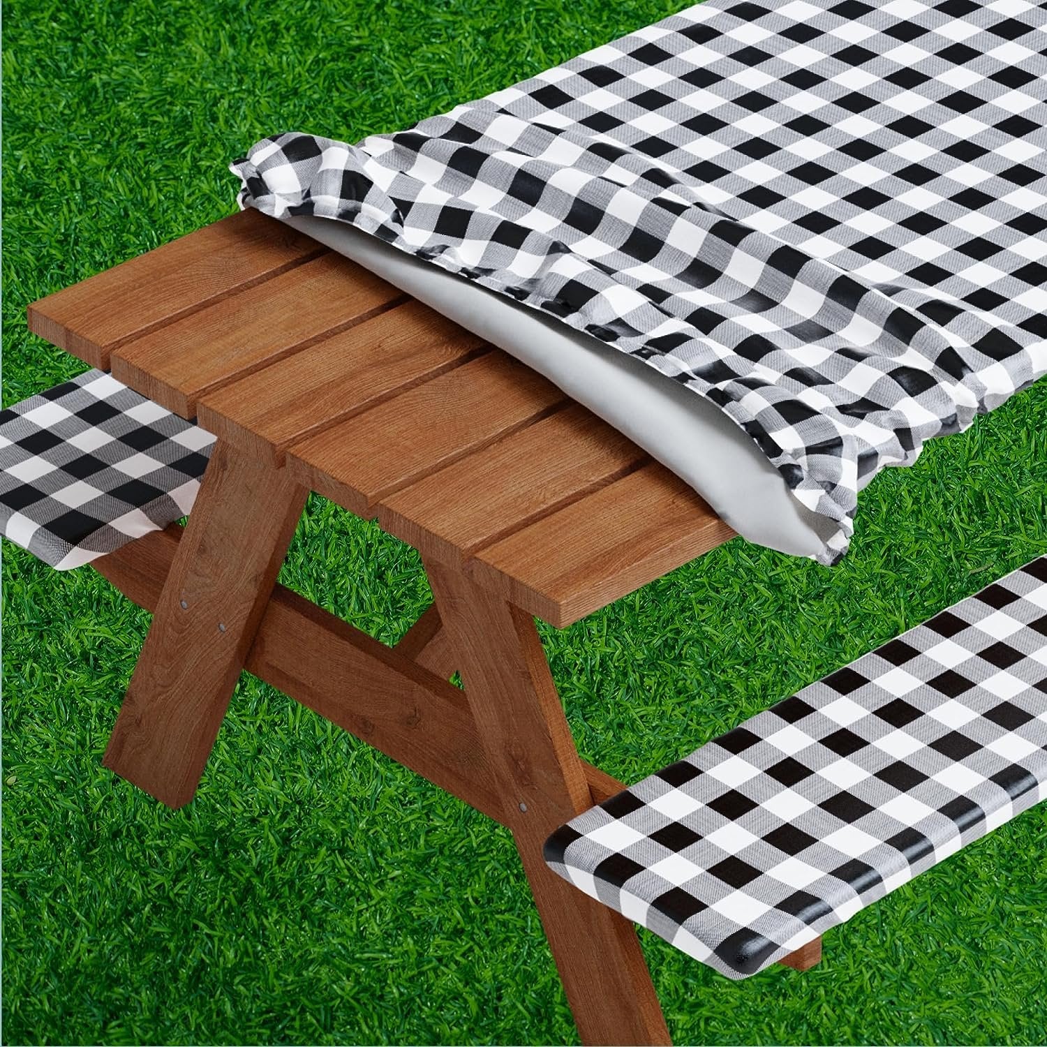 Sorfey Picnic Table Cover with Bench Covers -Fitted with Elastic, Vinyl with Flannel Back, Fits for Table 30"x 60" Rectangle,Water Proof, Easy to Clean, Checked Grey Design