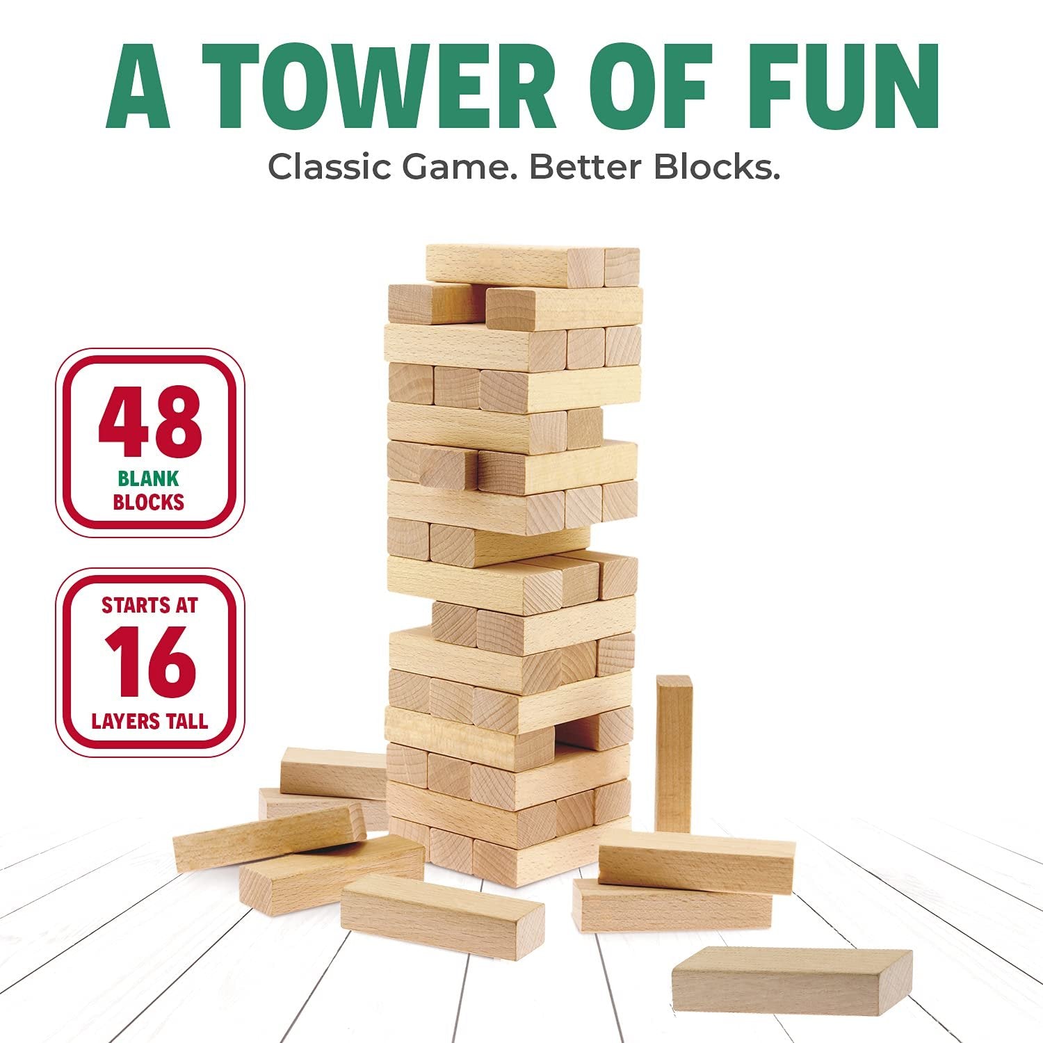 CoolToys Timber Tower Stacking Game - 48 Piece Wood Blocks - Original Edition - Size 1 Pack
