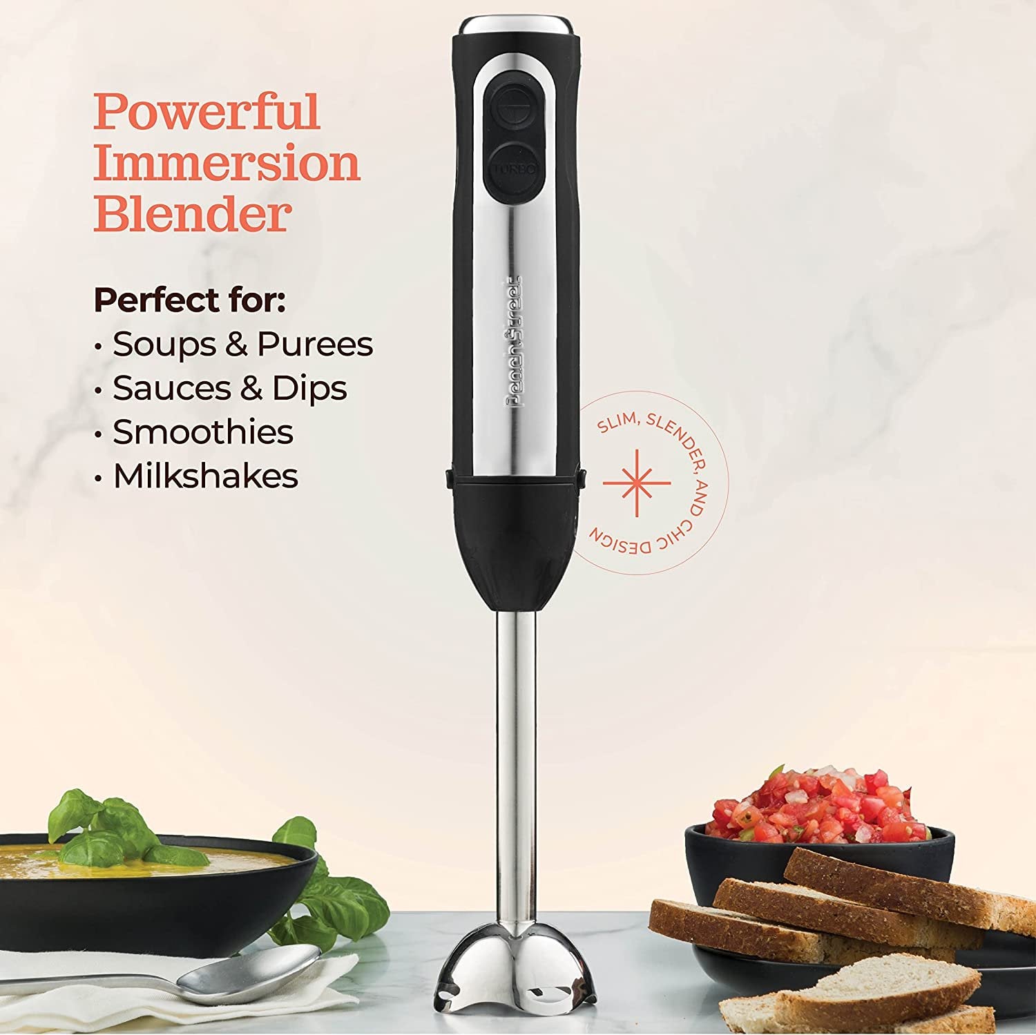 Powerful Immersion Blender, Electric Hand Blender 500 Watt with Turbo Mode, Detachable Base. Handheld Kitchen Blender Stick for Soup, Smoothie, Puree, Baby Food, 304 Stainless Steel Blades