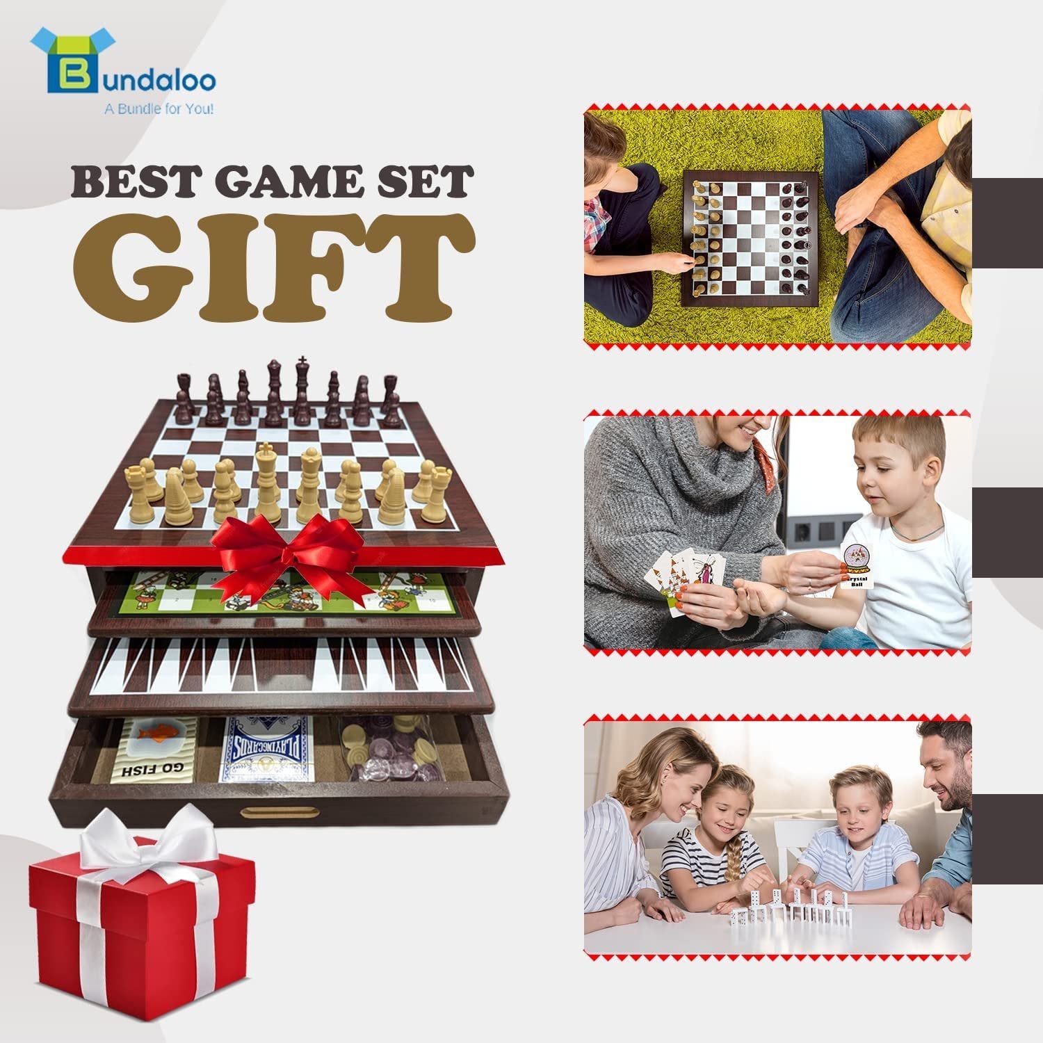 Bundaloo 15-in-1 Tabletop Game Center - Portable Wooden Combo Game Board with Classic Games - Unique Set with Dice, Dominos, Playing Cards & Game Pieces - for Kids & Adults - Wood Finish, 12x12x5.5